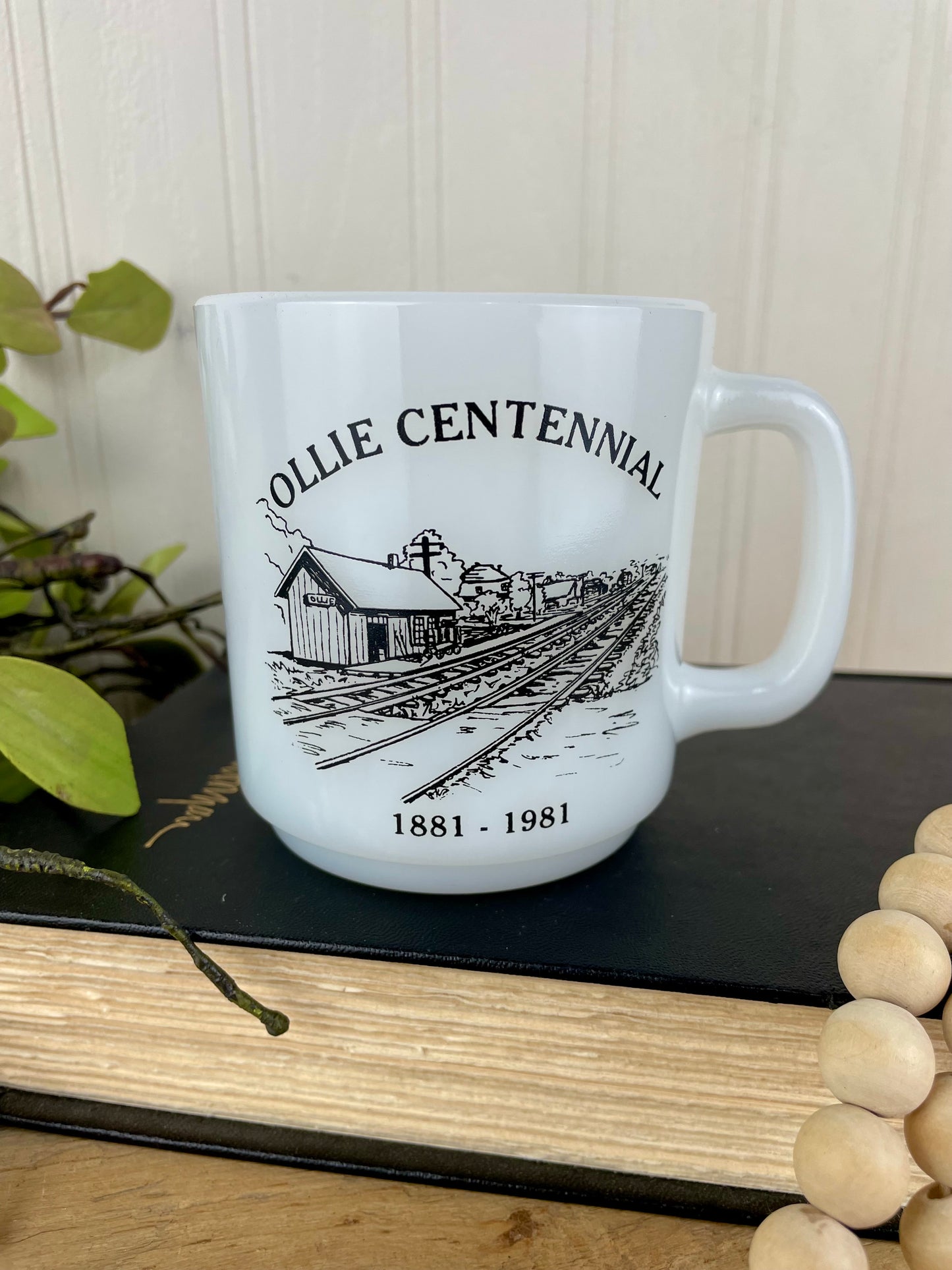 Vintage 1981 Ollie, IA Centennial Glasbake Milk Glass Mug