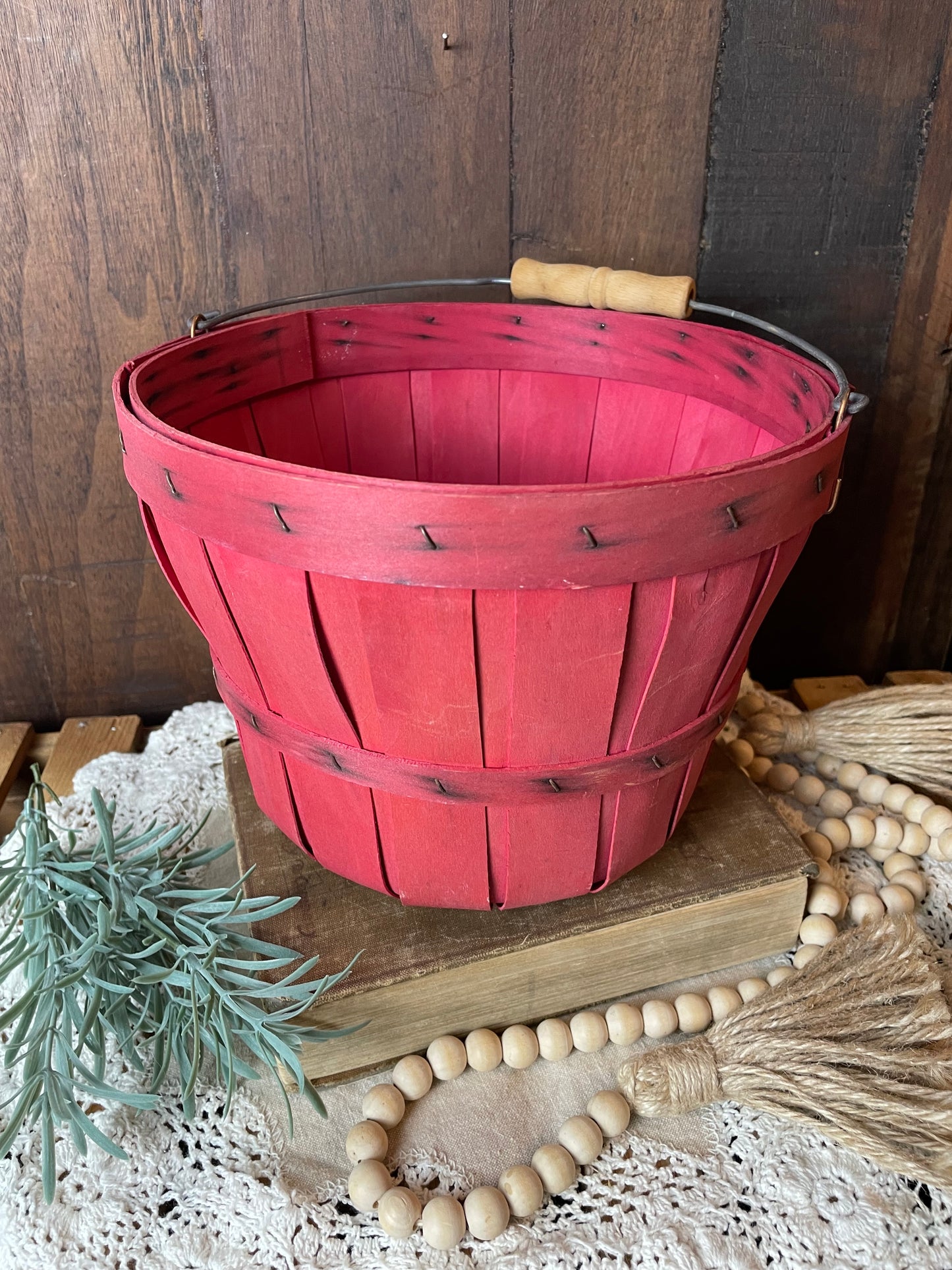 Vintage Small Wooden Bushel Basket with Handle