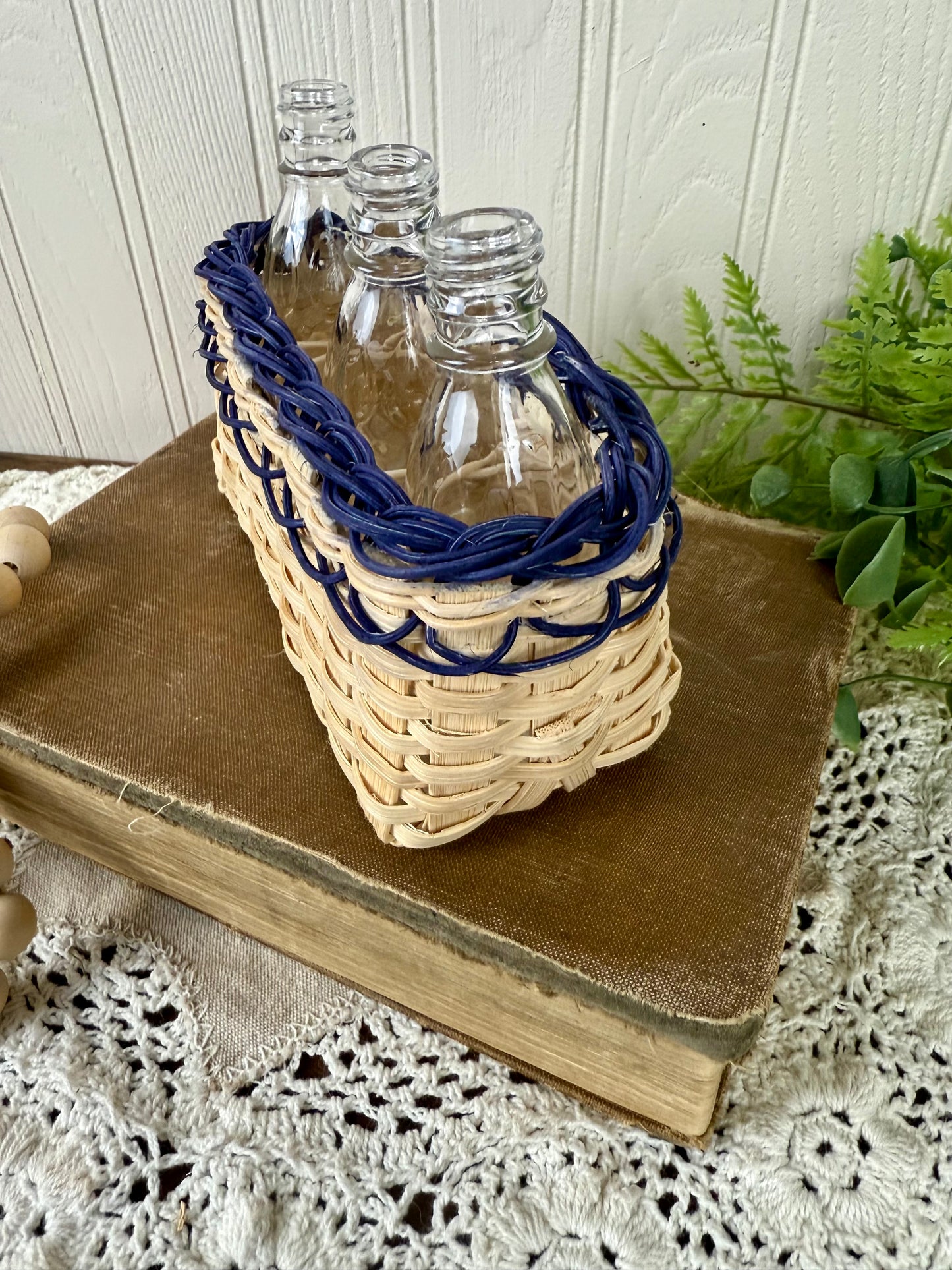 Vintage Miniature Basket With Glass Bottles