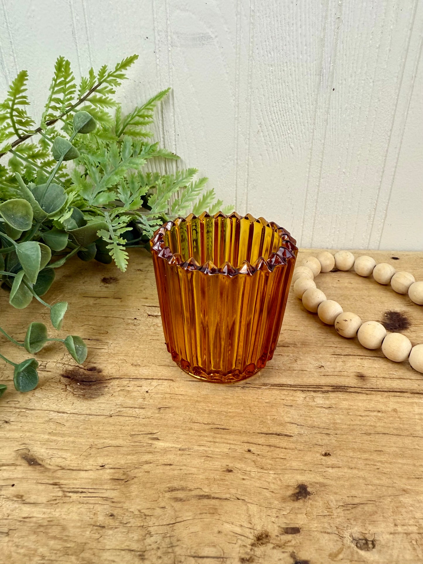 Vintage Indiana Glass Co. Striated Amber Candle Votive