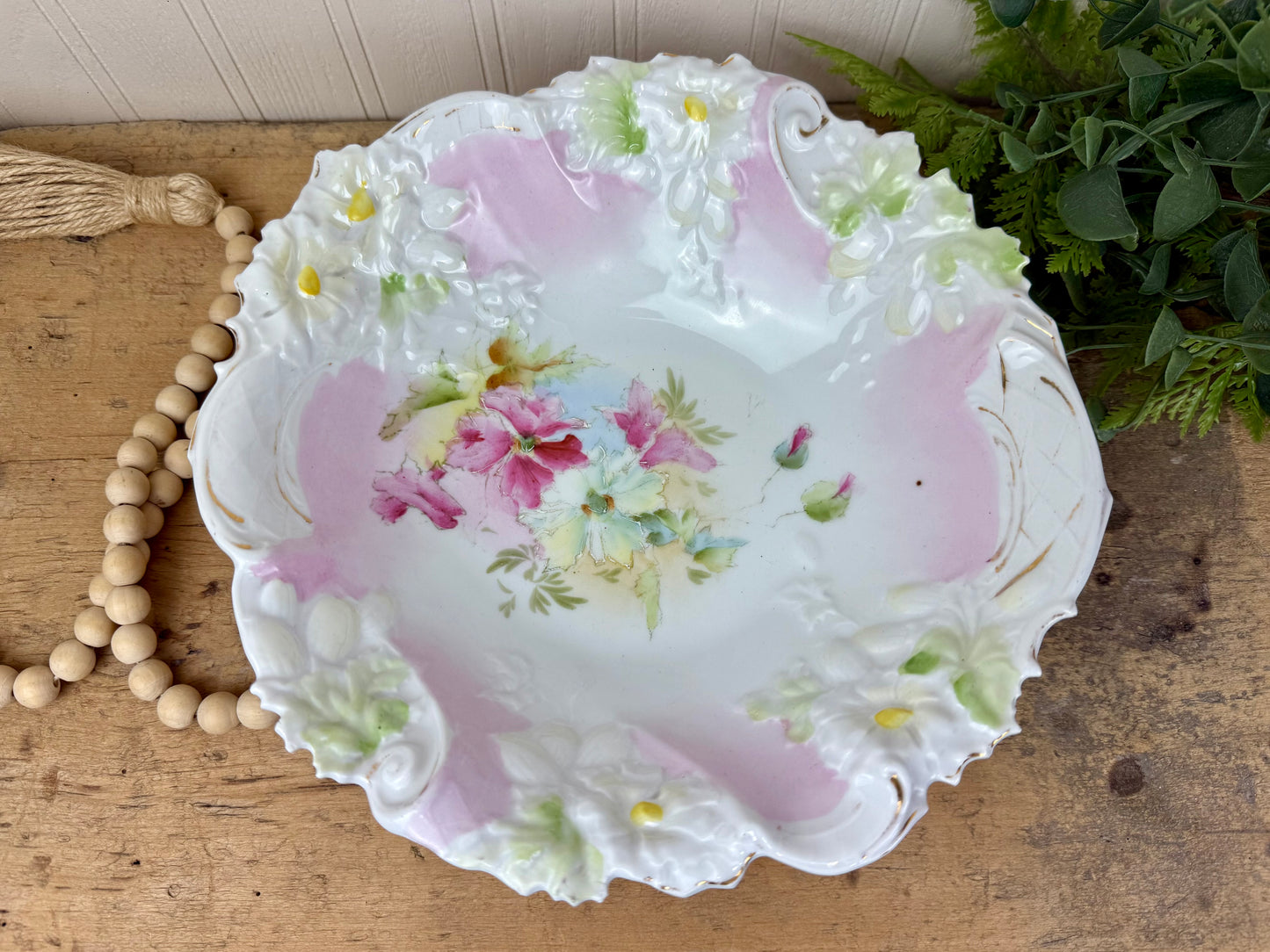 Antique Porcelain Serving Bowl with Hand Painted Florals