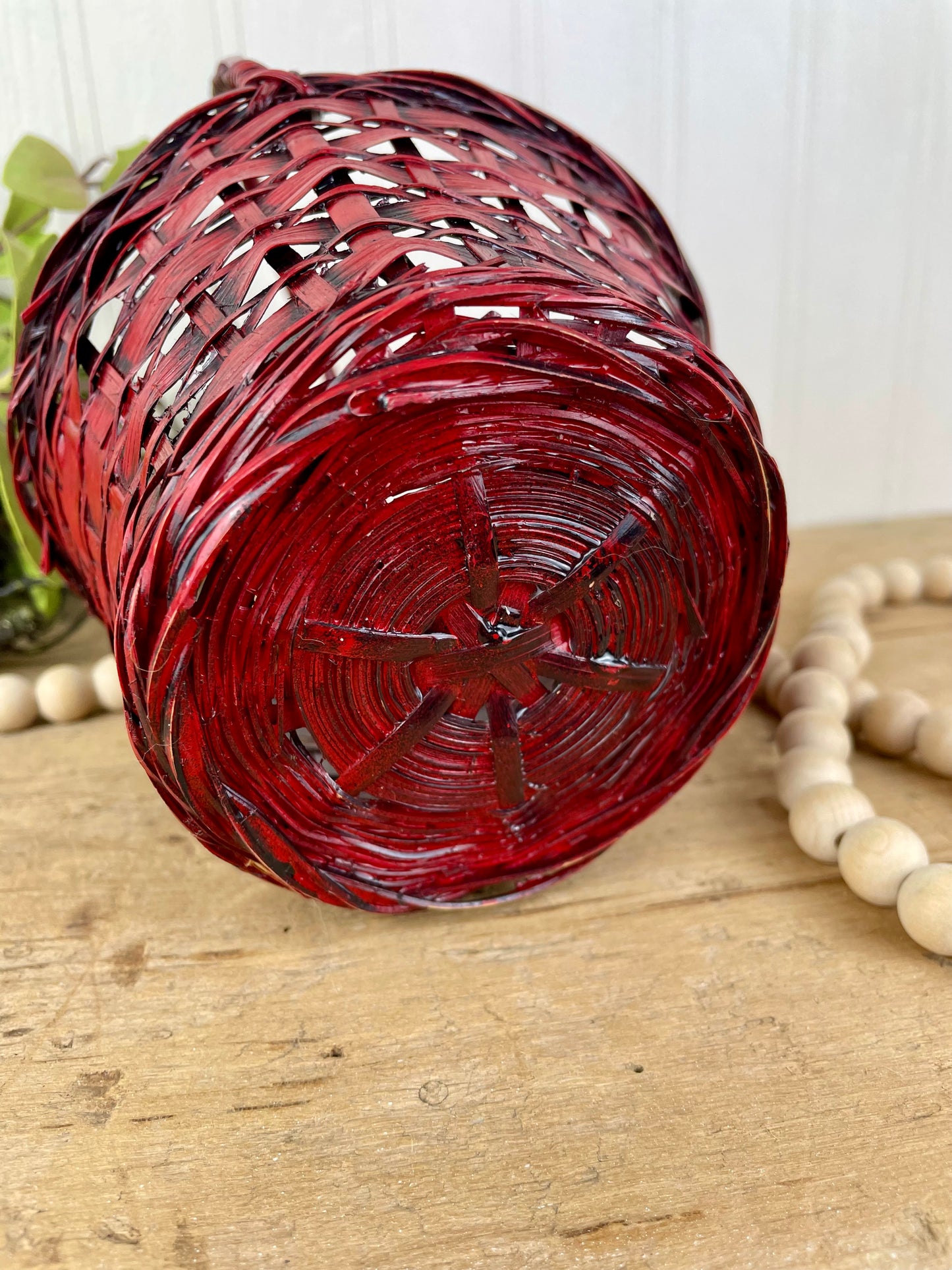 Vintage Red Wicker Basket with Handle