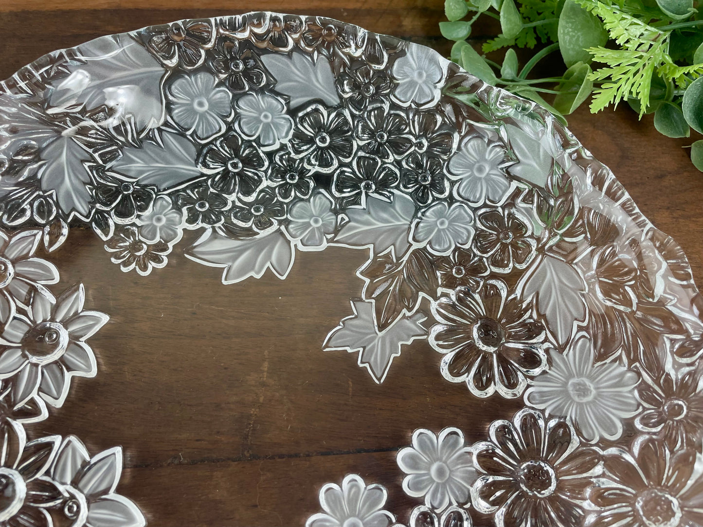 Vintage Shallow Glass Bowl with Embossed Floral Design