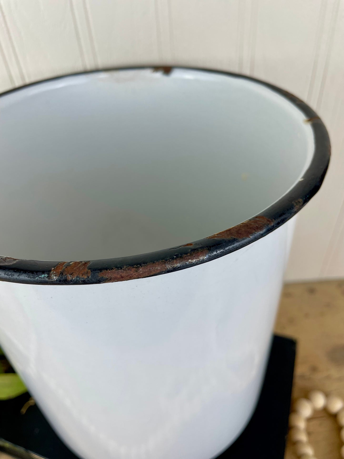 Vintage White Enamel Canister with Black Rim