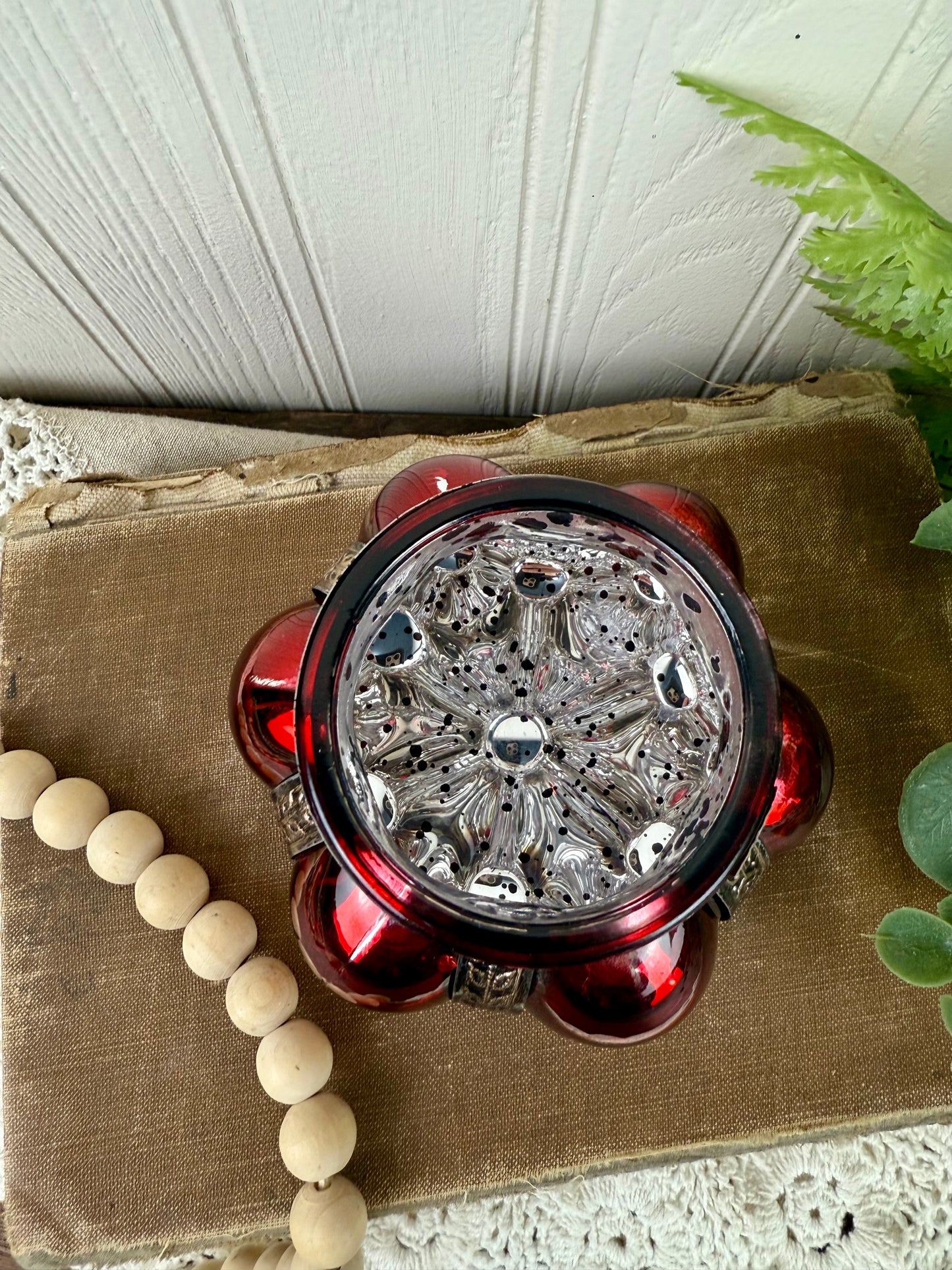 Vintage Red Mercury Glass Tea Light Holder with Metal Accents