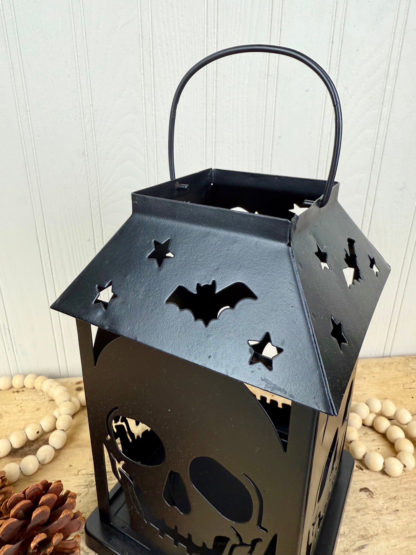 Metal Candle Lantern with Skulls and Bats