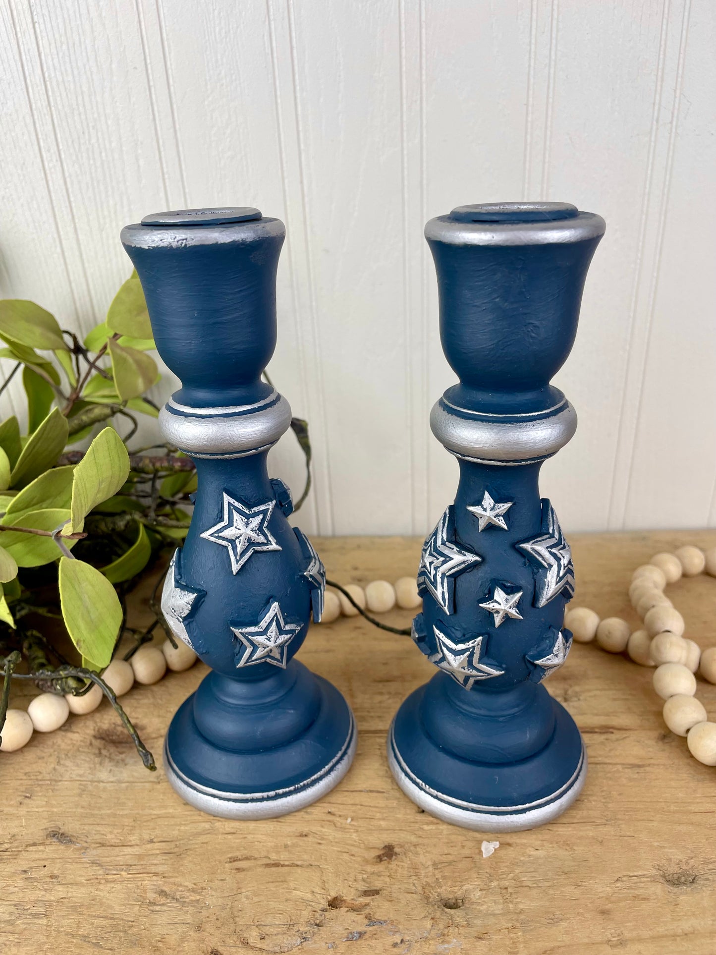 Upcycled Navy Blue Wooden Candlestick Set with Silver Stars
