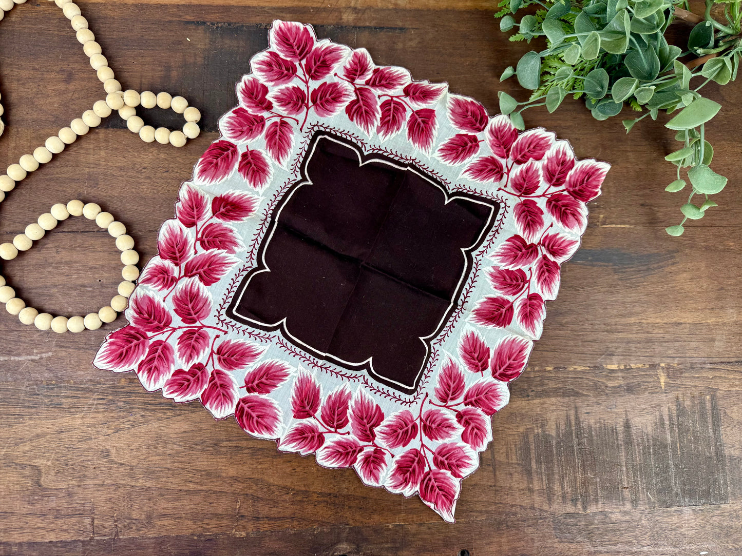Vintage Burgundy Leaf Linen Hankie
