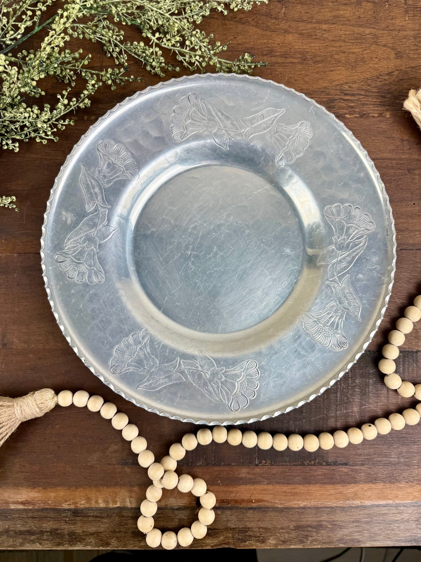 Vintage Wrought Aluminum Serving Tray with Etched Florals