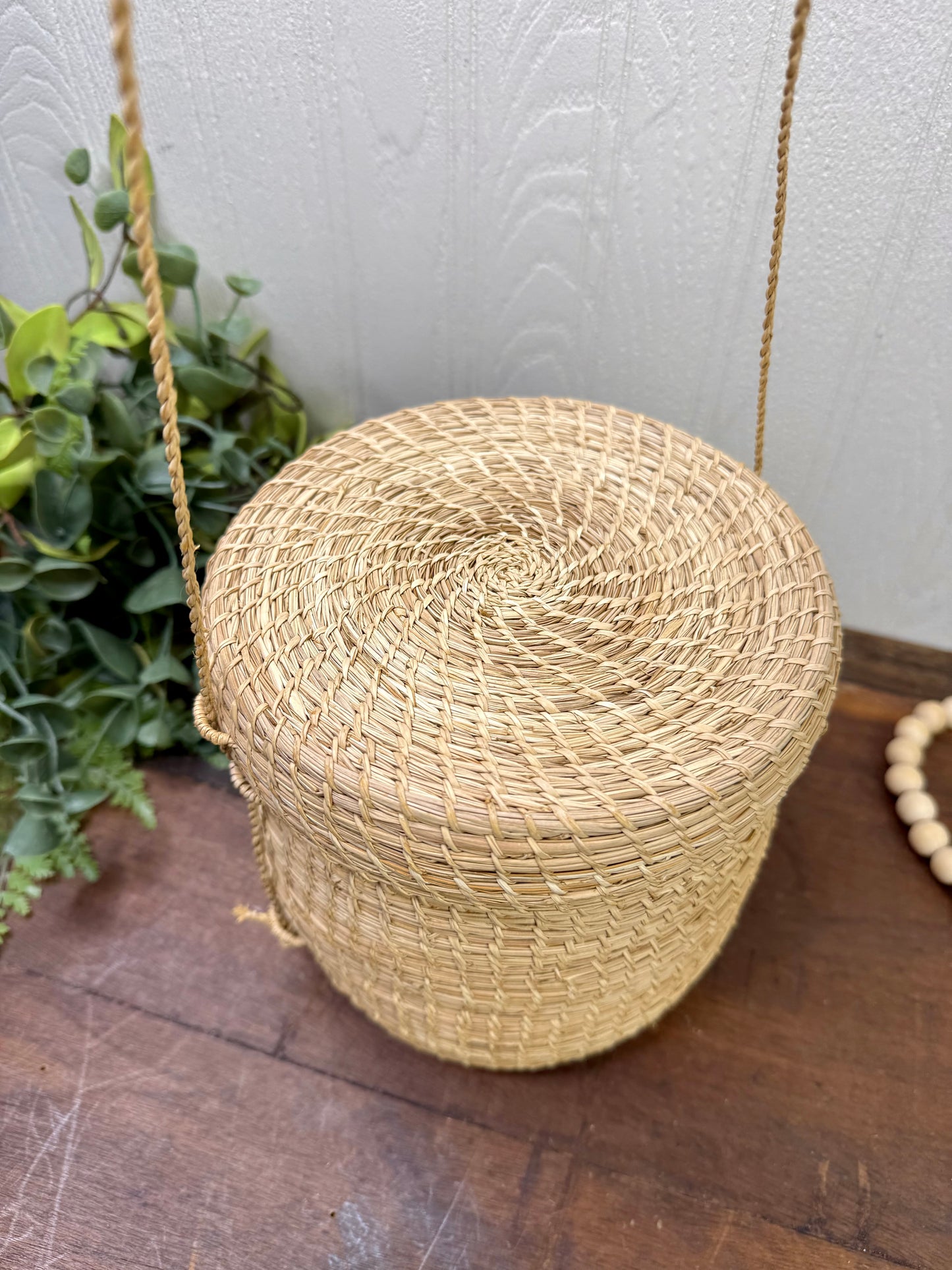 Vintage Hand Woven Hanging Basket with Lid