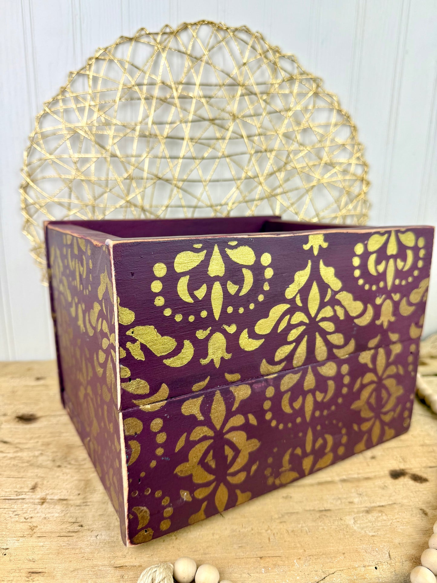 Handmade Reclaimed Wood Purple Box with Gold Details