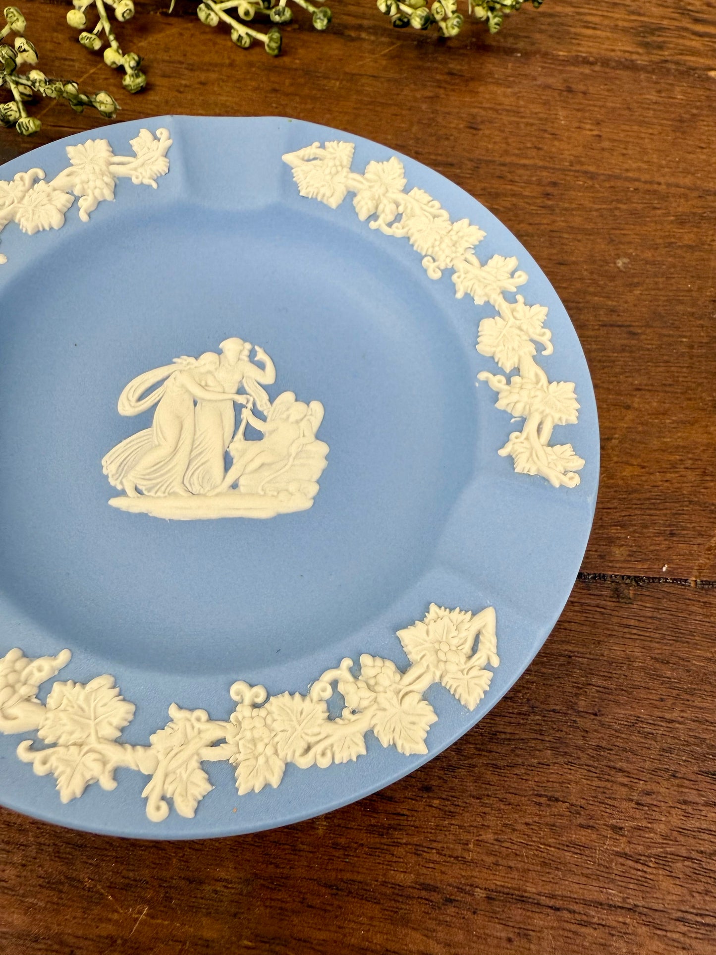Wedgwood Blue Jasperware Ashtray with Sleeping Cupid & Grapevine Design