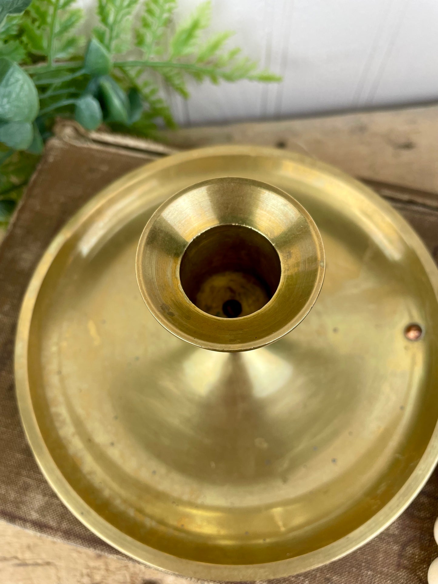 Vintage Tarnished Brass Candle Holder with Drip Plate