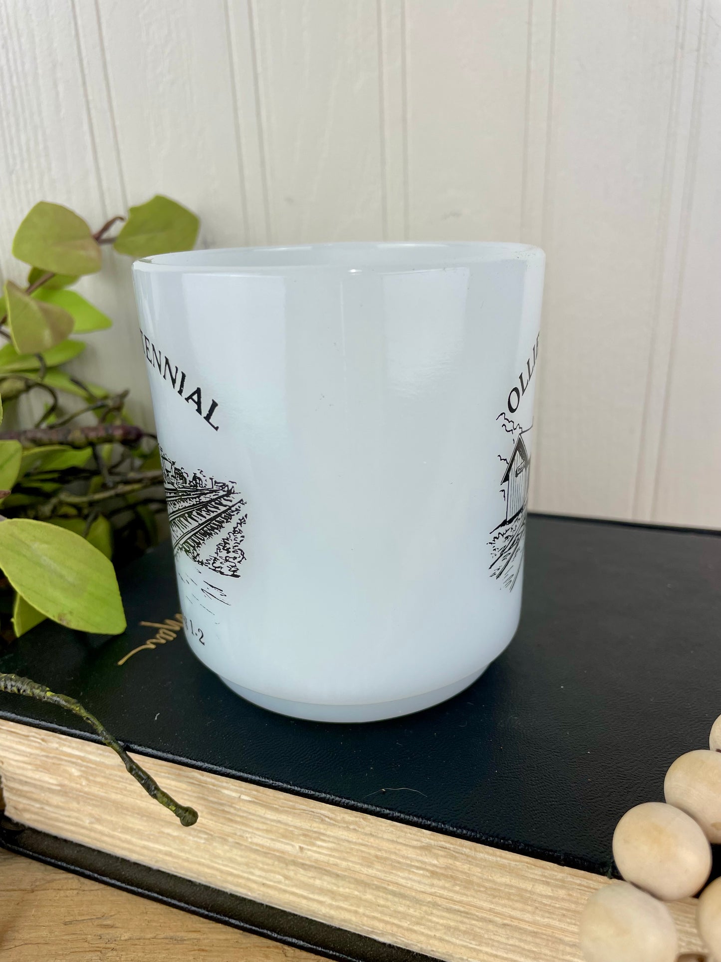 Vintage 1981 Ollie, IA Centennial Glasbake Milk Glass Mug