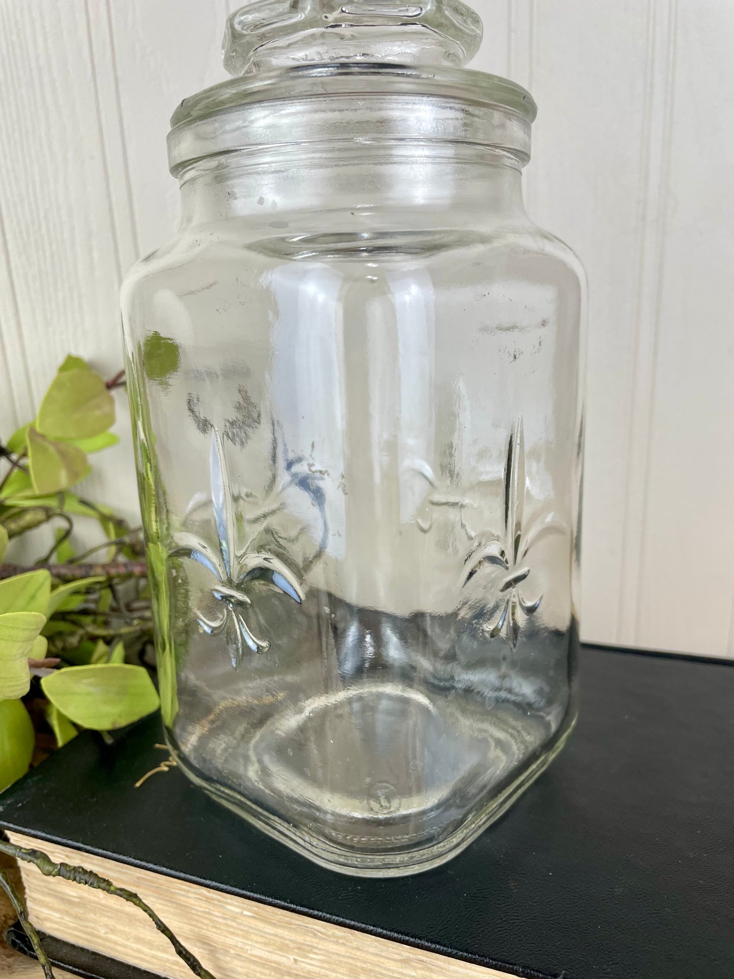 Vintage Fleur de Lis Glass Jar with Lid by Anchor Hocking