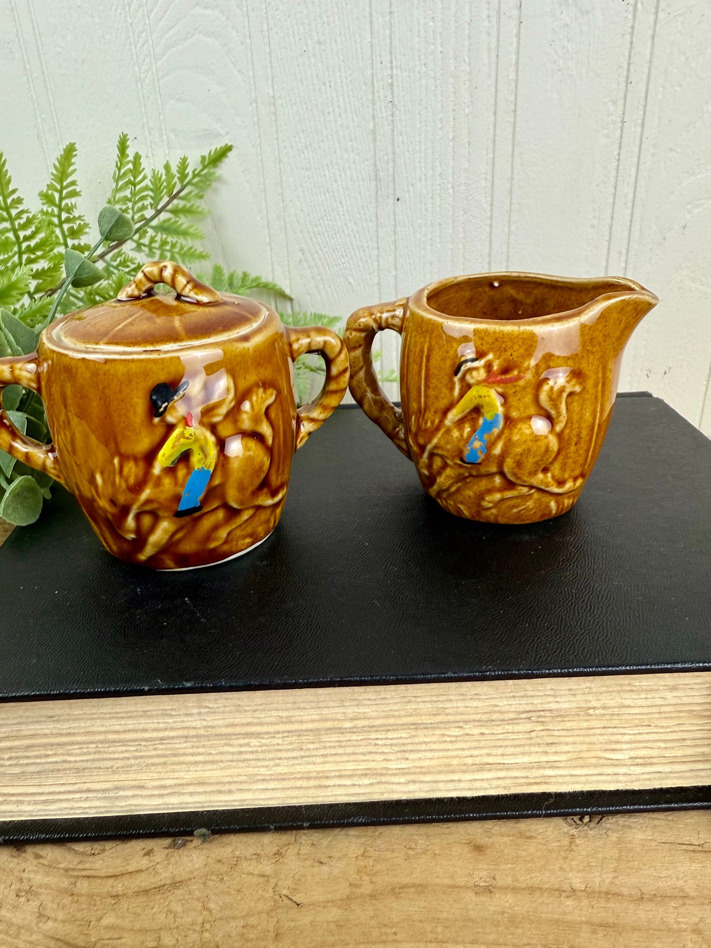 Vintage Porcelain Western Themed Sugar & Creamer Set