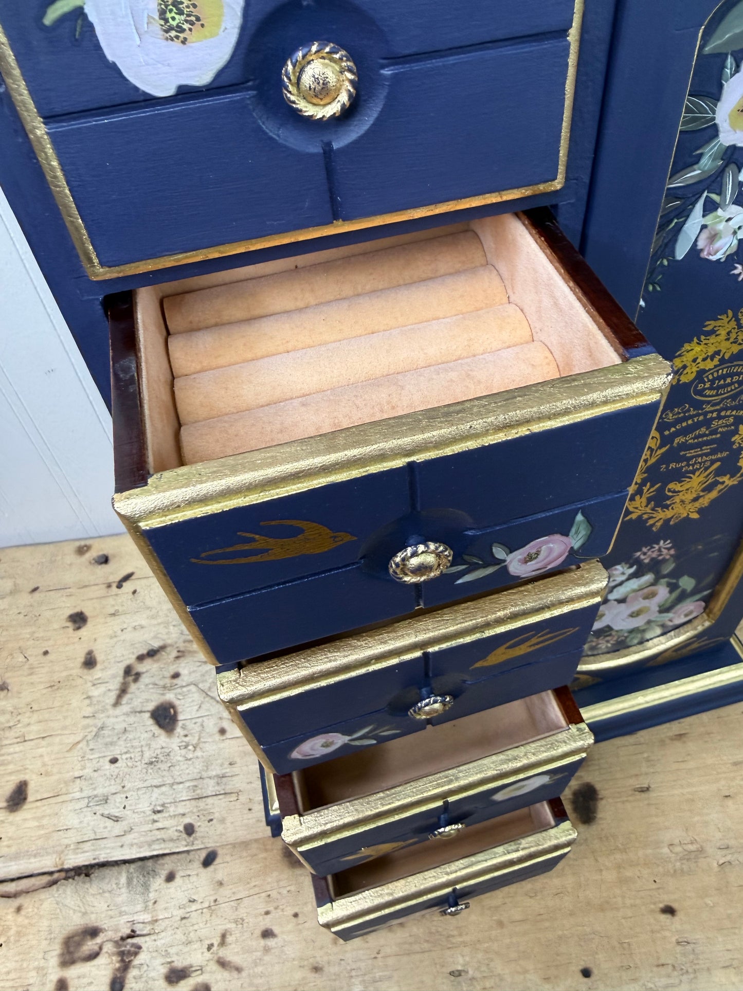 Upcycled Navy & Gold Jewelry Box with Pink Florals