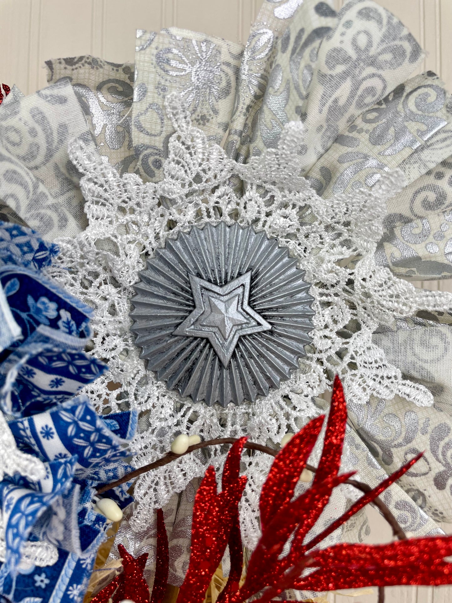 Handmade July 4th Centerpiece with Fabric Flowers