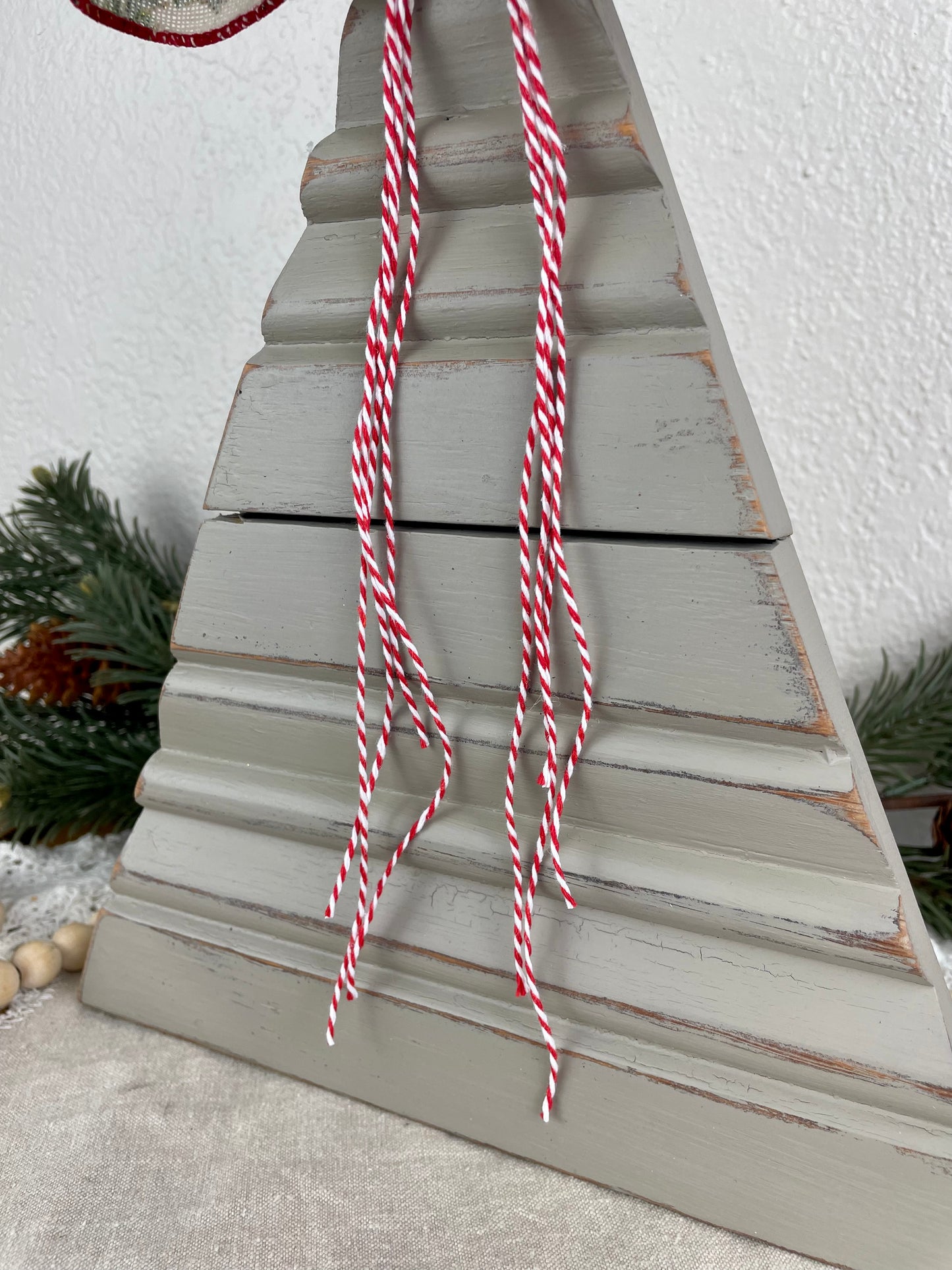 Upcycled Vintage Trim Beige Large Christmas Tree with Handmade Bow