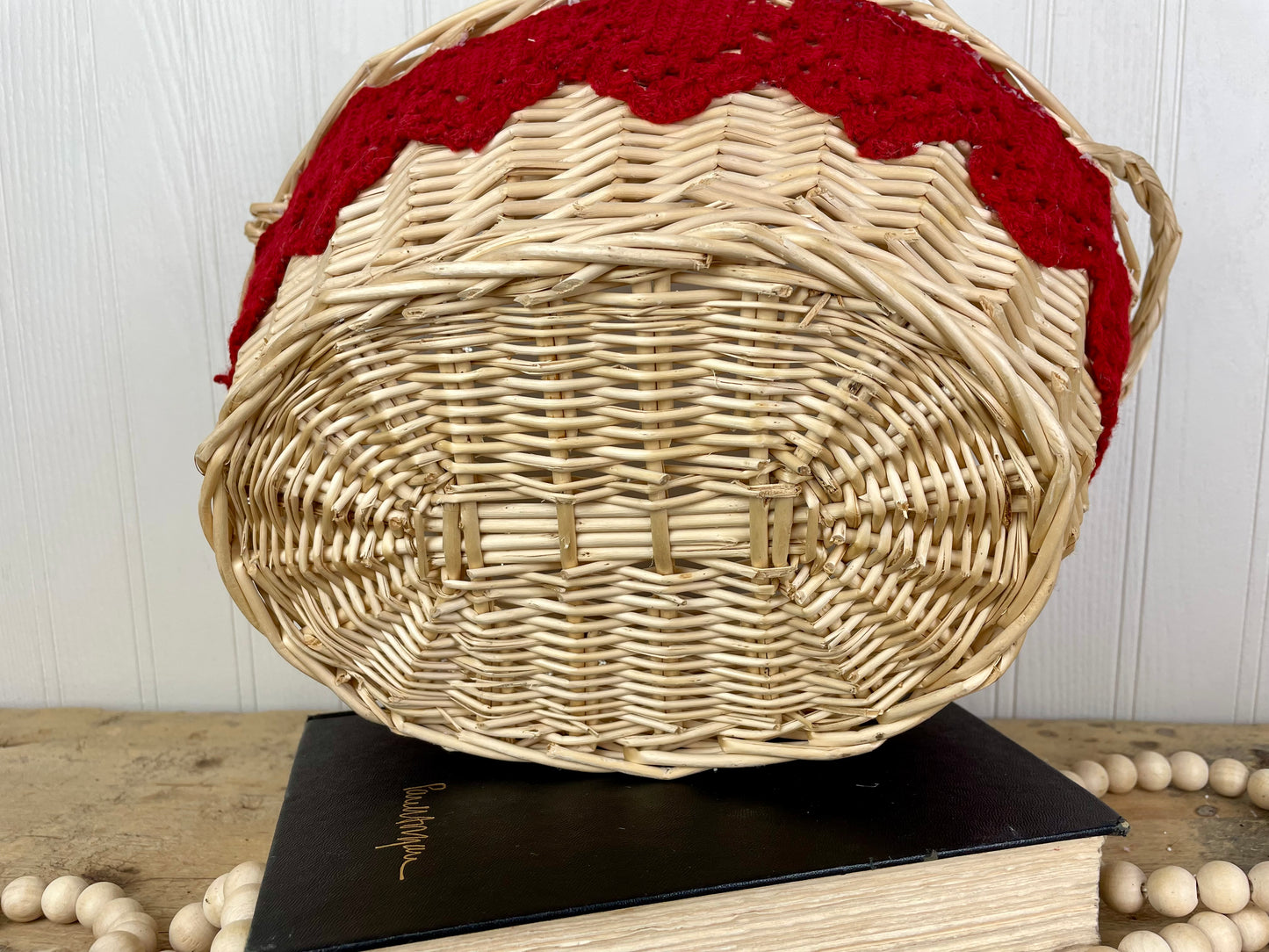 Upcycled Vintage Wicker Basket with Red Crochet Trim