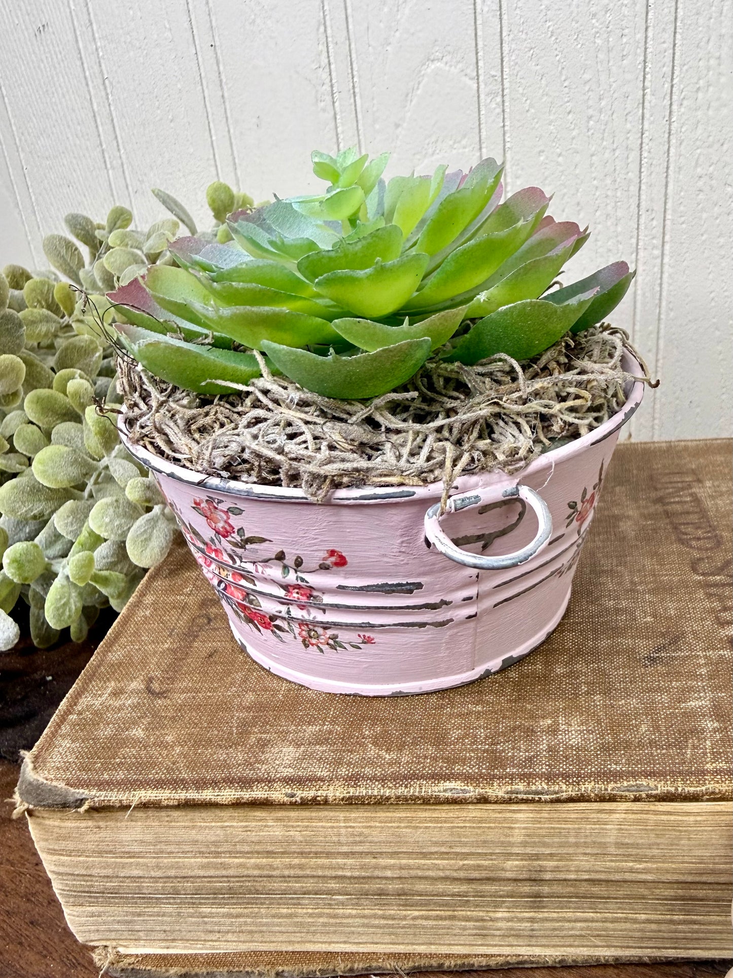 Upcycled Mini Washtub Faux Succulent Plant- Pink
