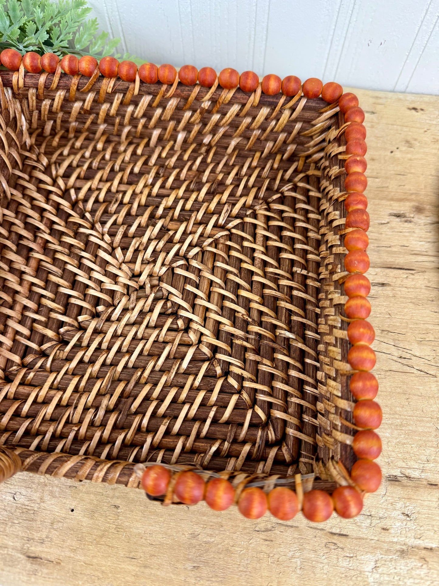 Vintage Wicker Napkin Basket with Beaded Trim