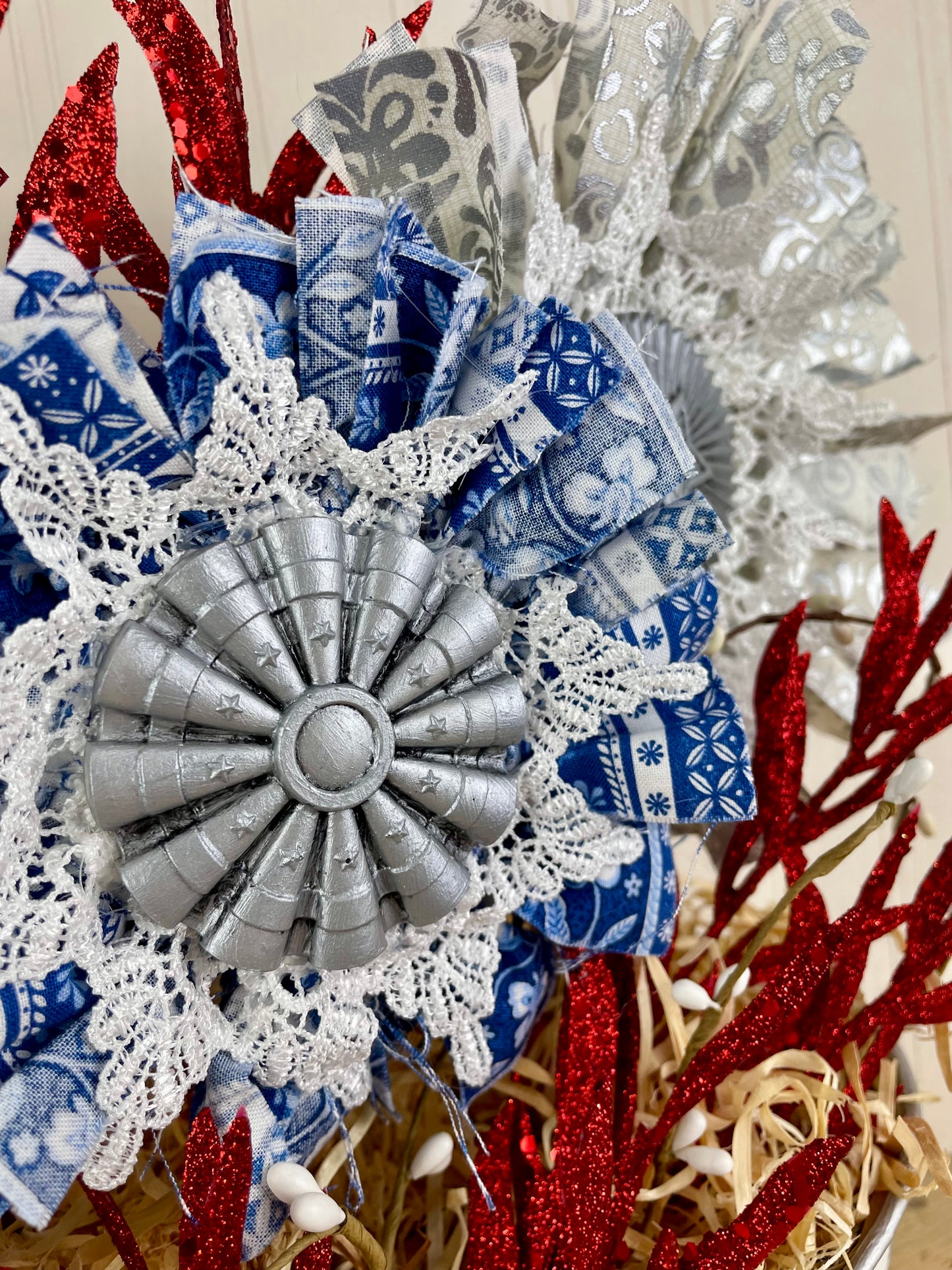 Handmade July 4th Centerpiece with Fabric Flowers