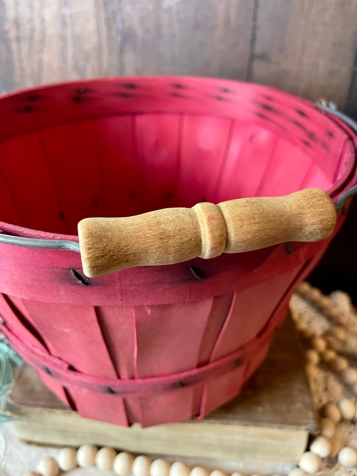 Vintage Small Wooden Bushel Basket with Handle
