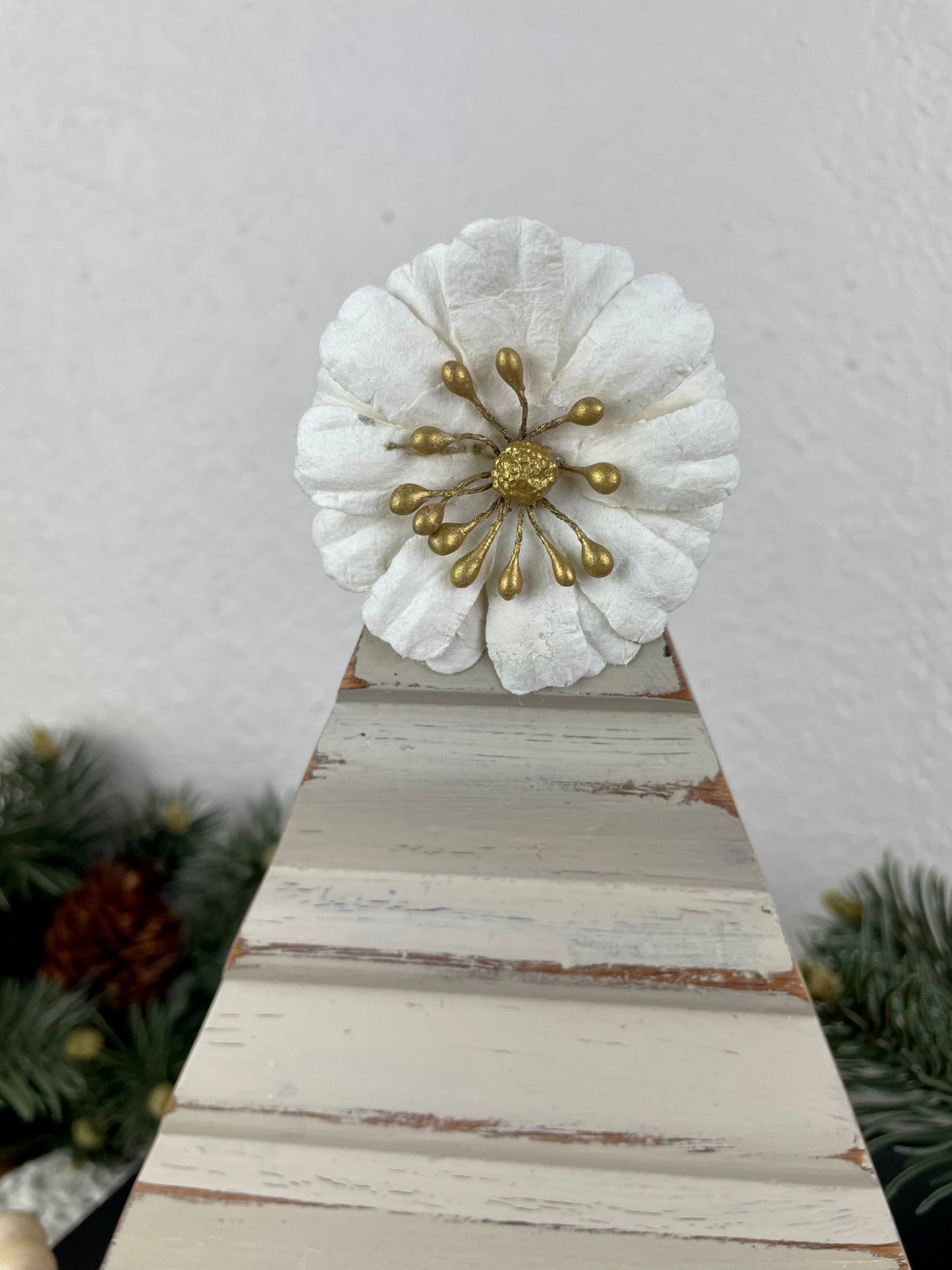 Upcycled Small Vintage Trim Beige Christmas Tree with White Flower