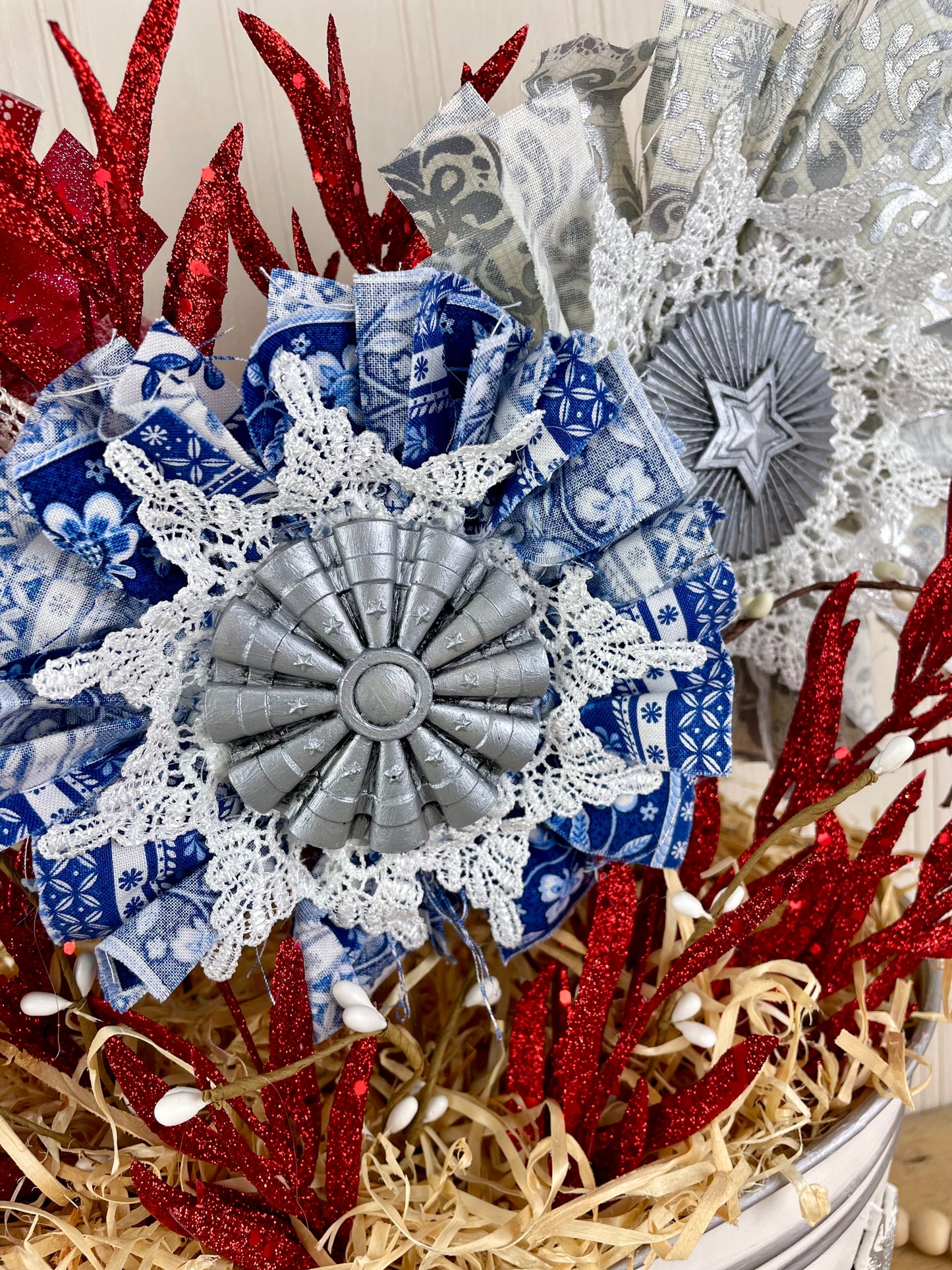 Handmade July 4th Centerpiece with Fabric Flowers