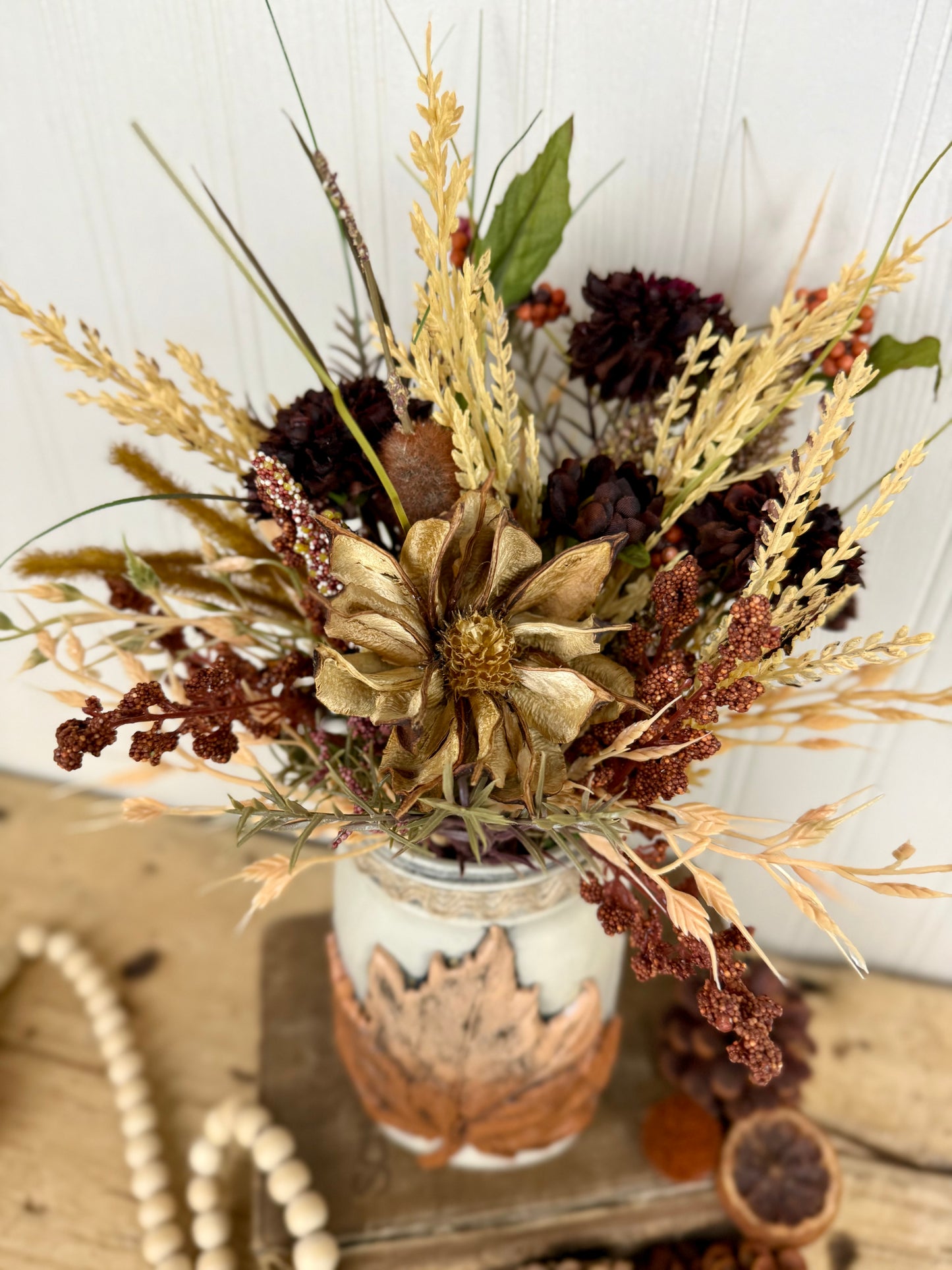 Handmade Upcycled Large Mason Jar Fall Floral Arrangment