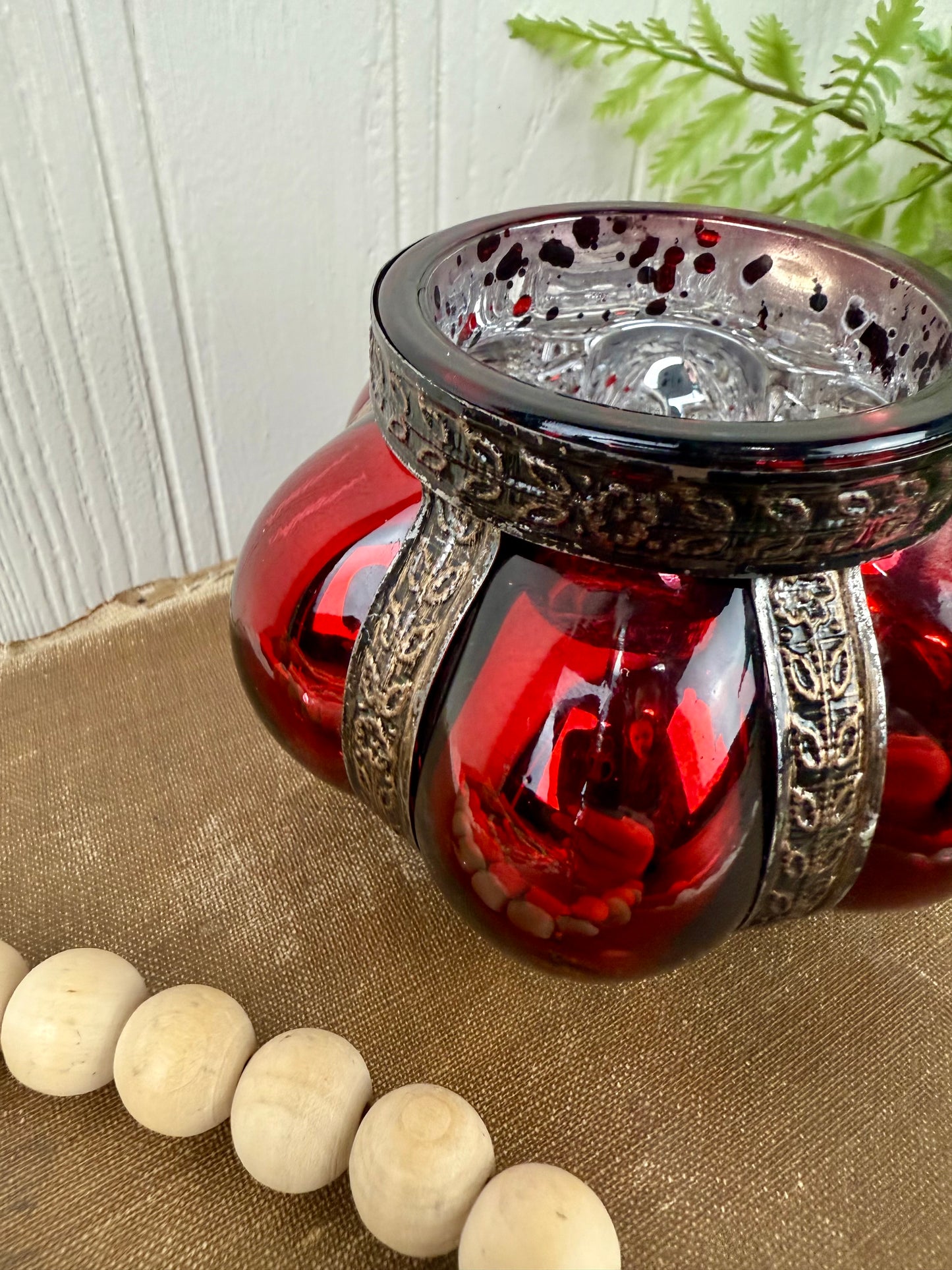 Vintage Red Mercury Glass Tea Light Holder with Metal Accents