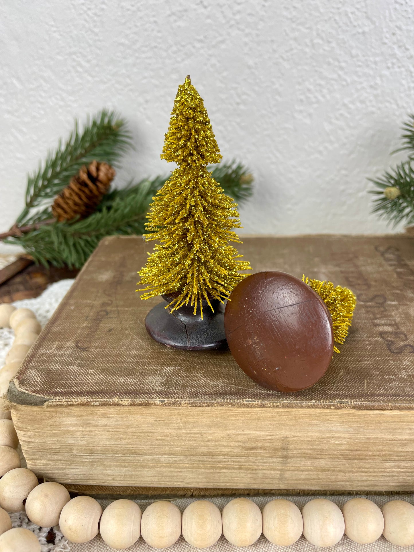 Gold Bottle Brush Tree Set with Wood Knob Bases
