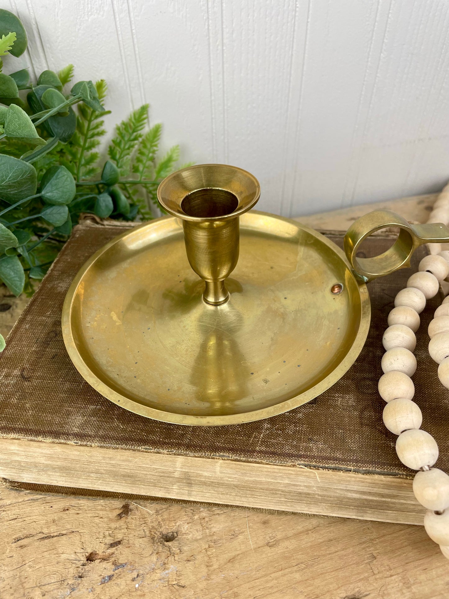 Vintage Tarnished Brass Candle Holder with Drip Plate