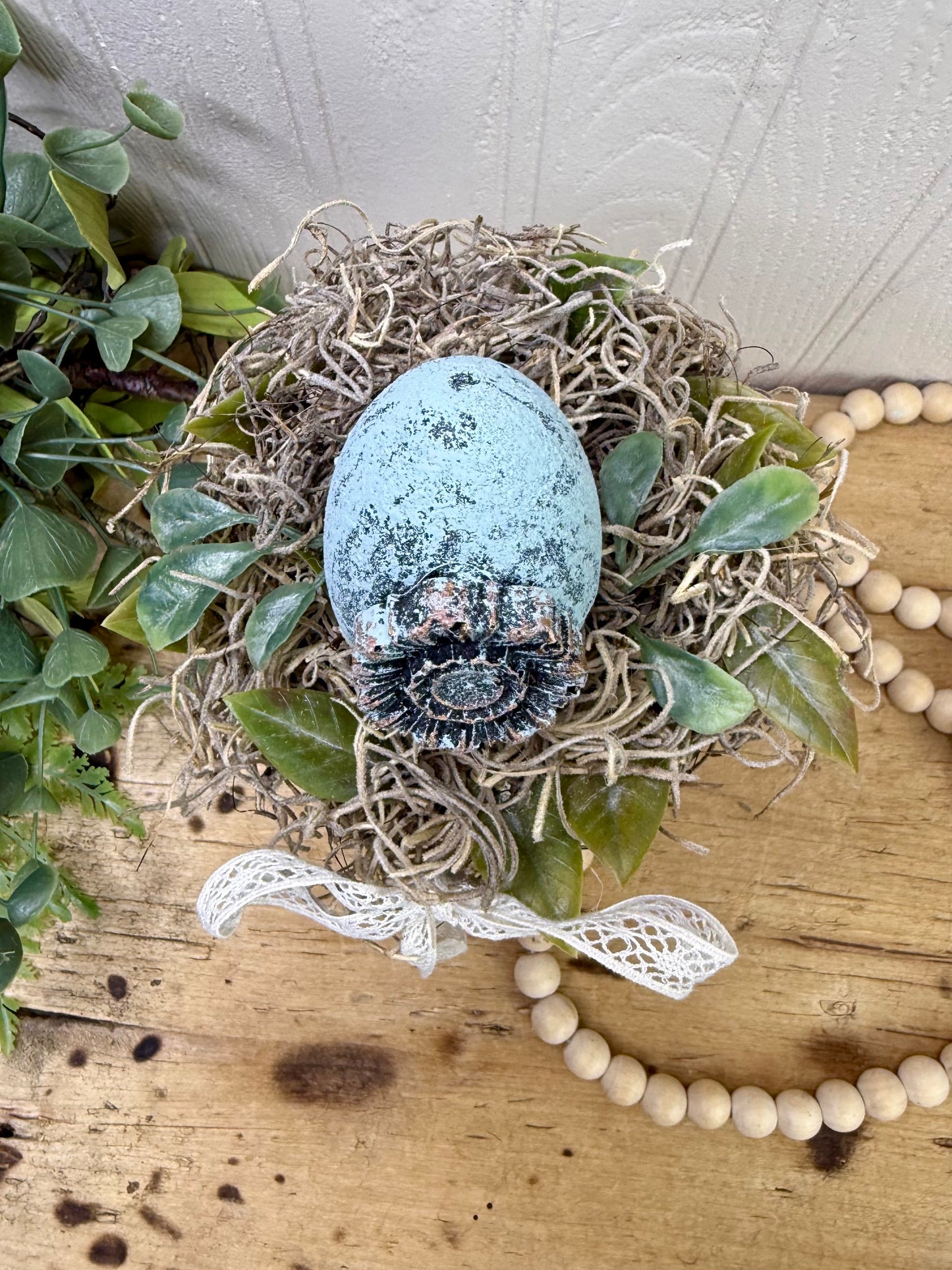 Handmade Rustic Bed Spring Nest with Light Blue Egg