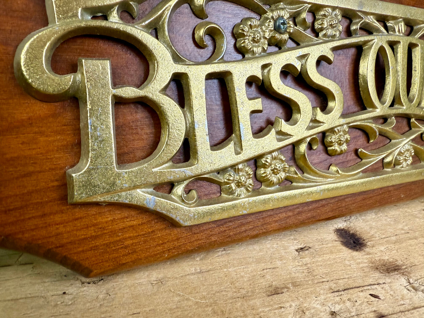 Vintage Wood & Metal "Bless Our Home" Wall Plaque