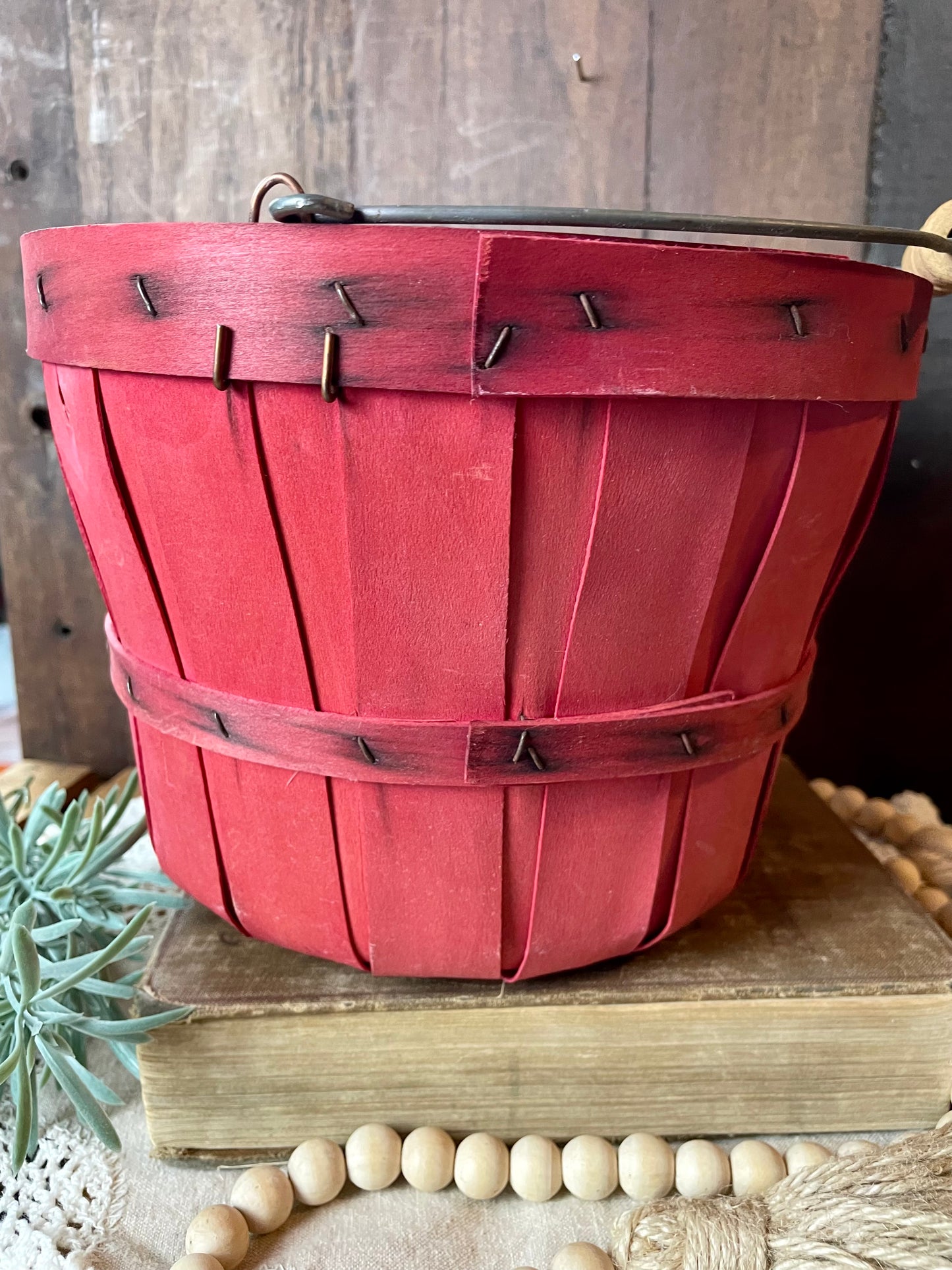 Vintage Small Wooden Bushel Basket with Handle