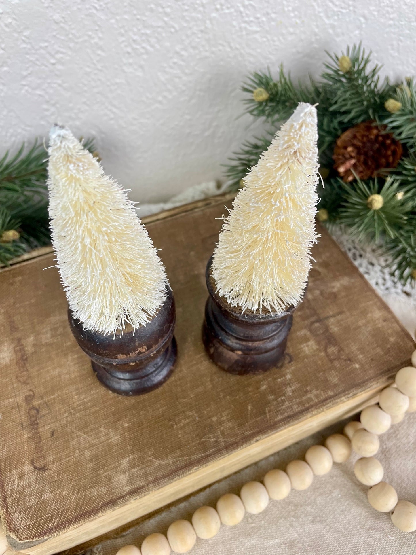 White Bottle Brush Tree Set with Wood Spindle Bases