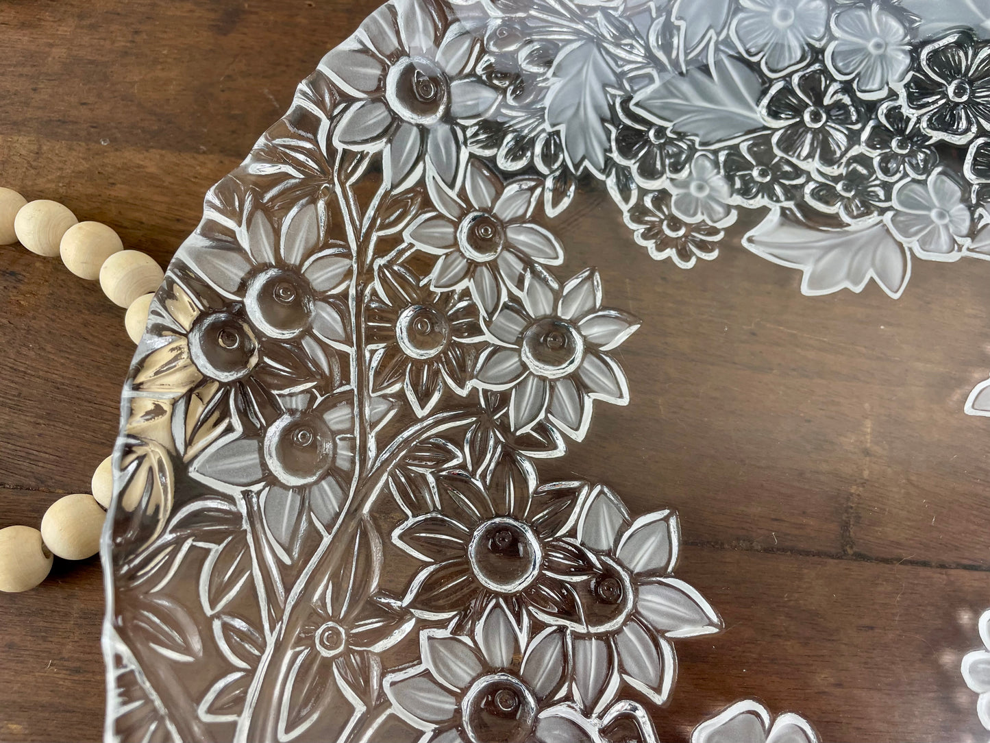Vintage Shallow Glass Bowl with Embossed Floral Design
