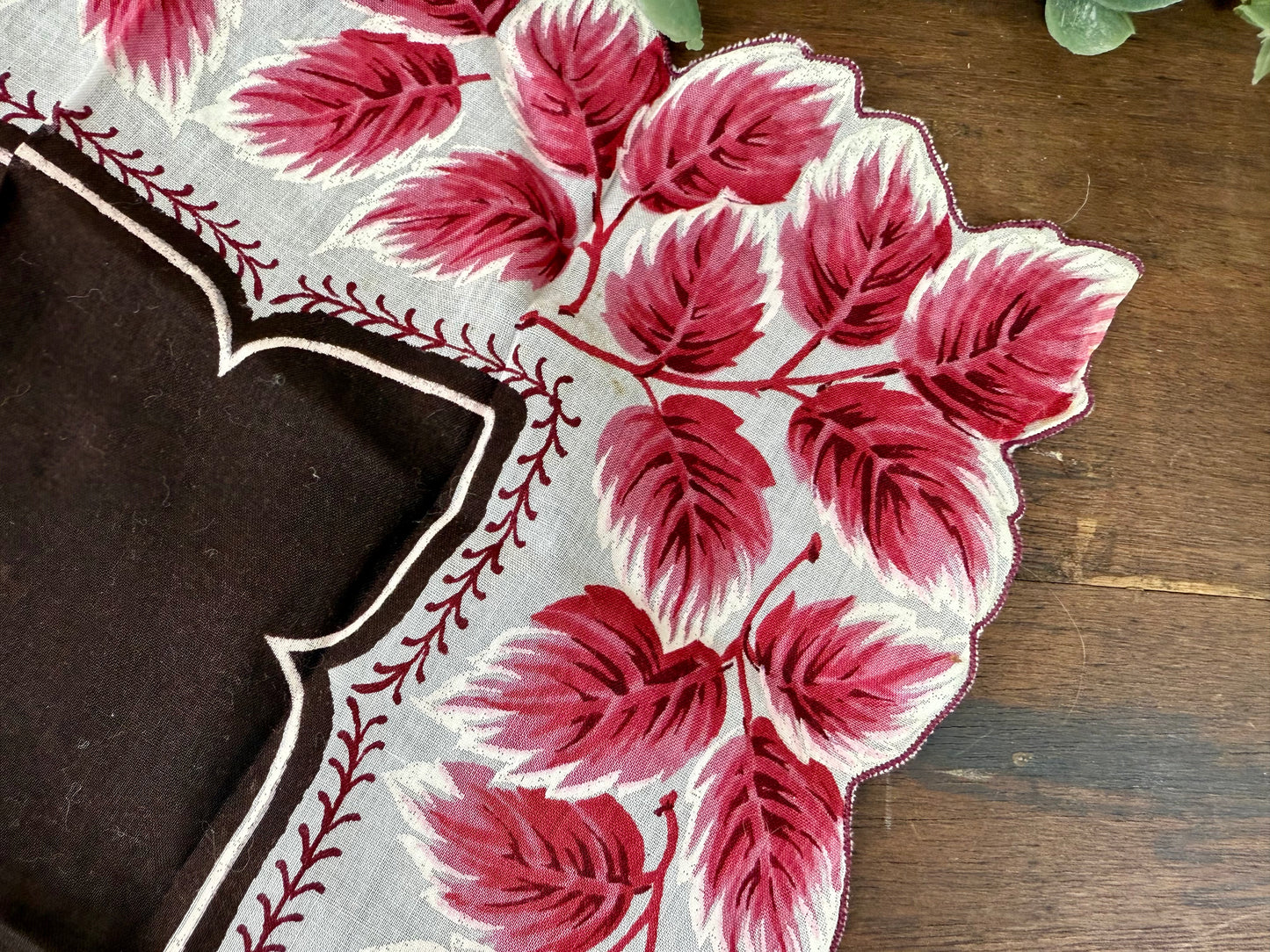 Vintage Burgundy Leaf Linen Hankie