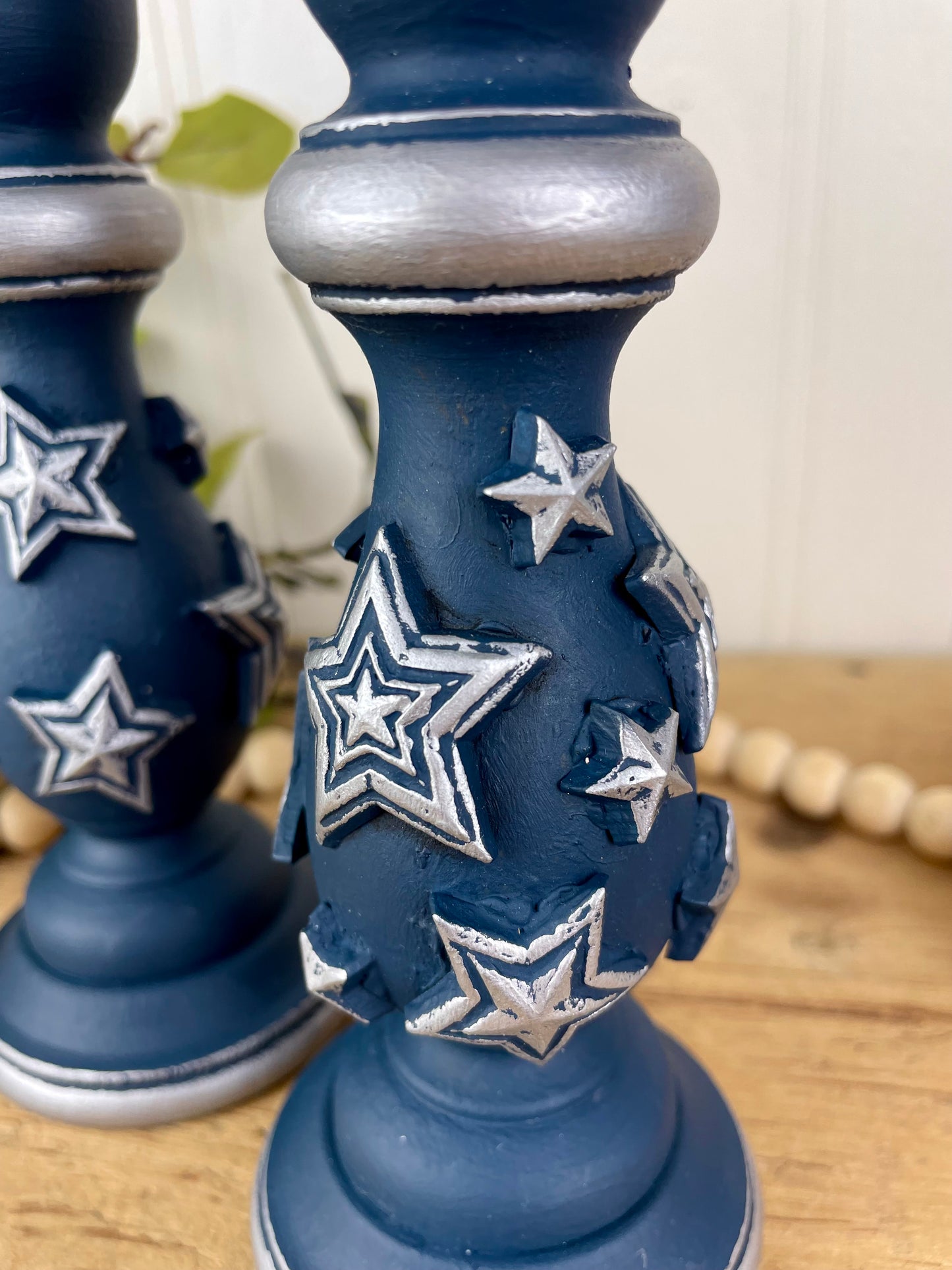 Upcycled Navy Blue Wooden Candlestick Set with Silver Stars