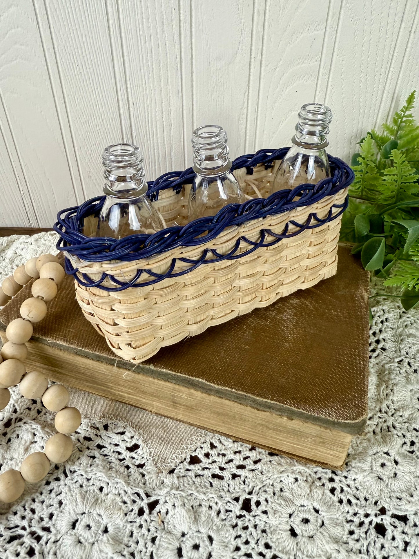 Vintage Miniature Basket With Glass Bottles