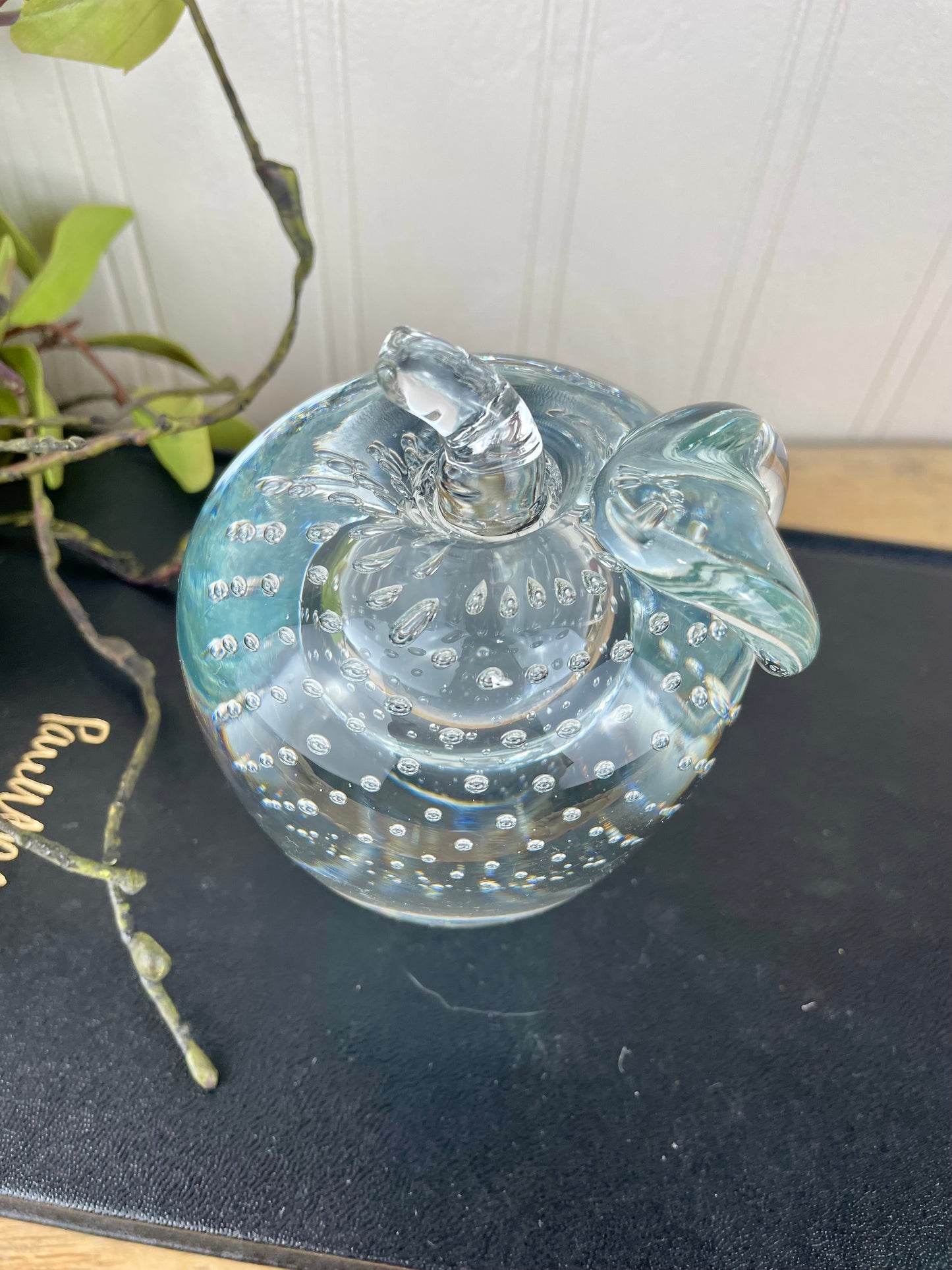 Vintage Clear Bubbled Art Glass Apple Paperweight