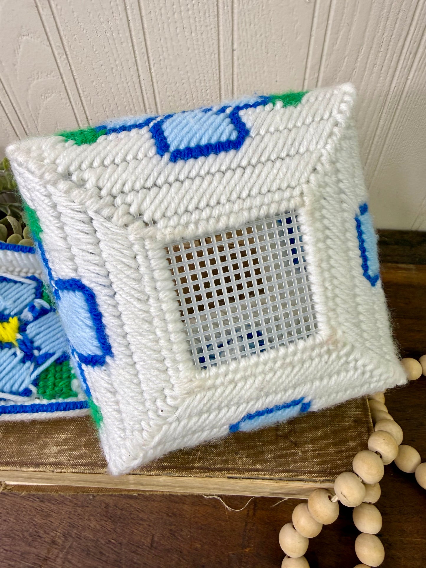 Vintage Plastic Canvas Storage Box with Blue Flowers
