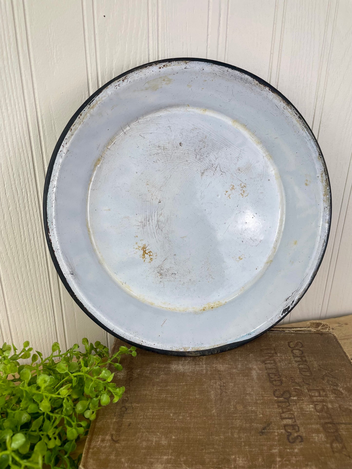 Vintage Teal & White Enamel Bowl with Black Rim