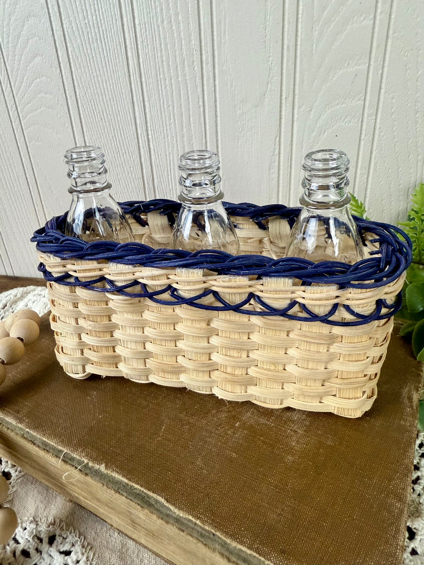 Vintage Miniature Basket With Glass Bottles