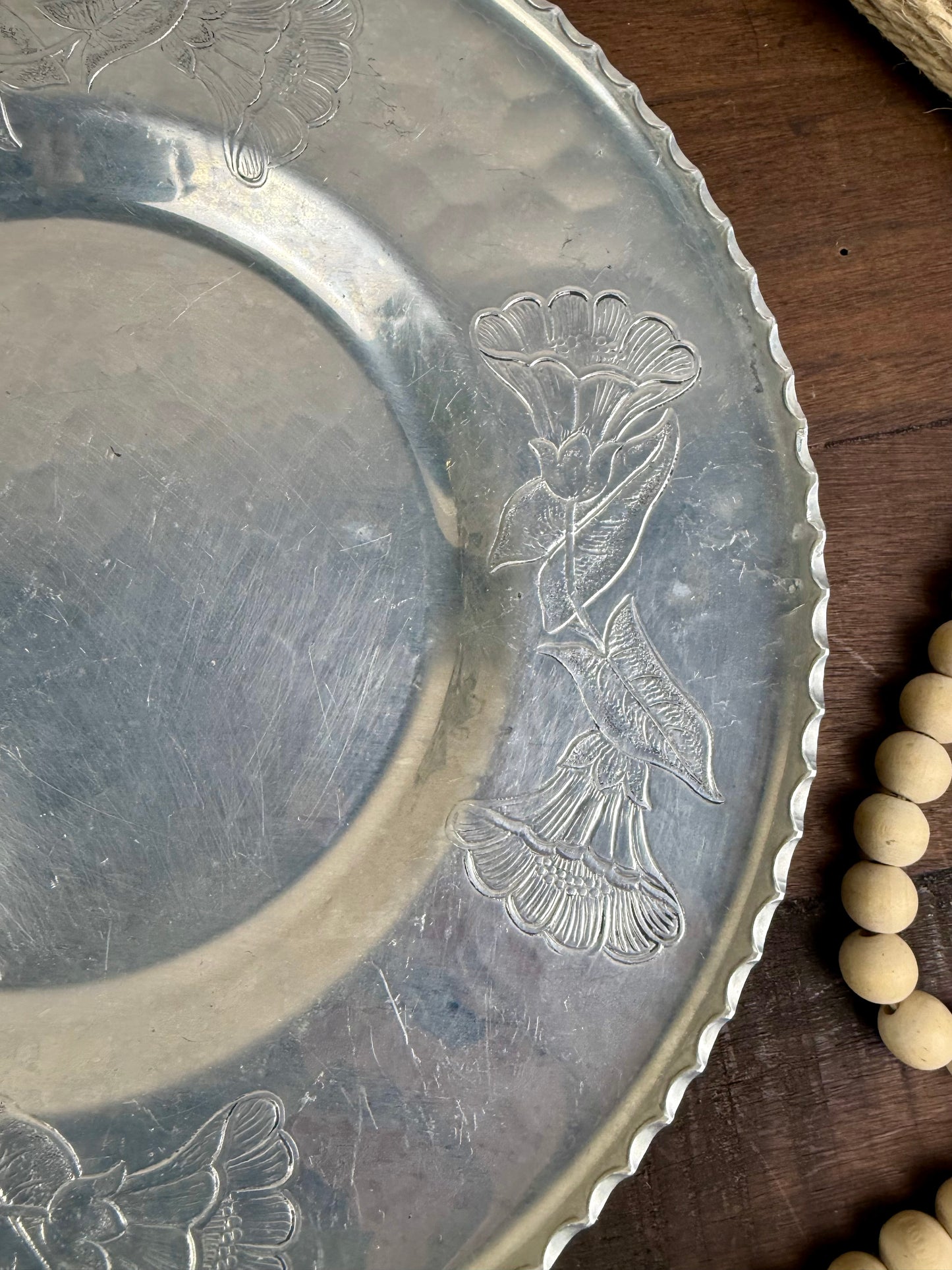 Vintage Wrought Aluminum Serving Tray with Etched Florals