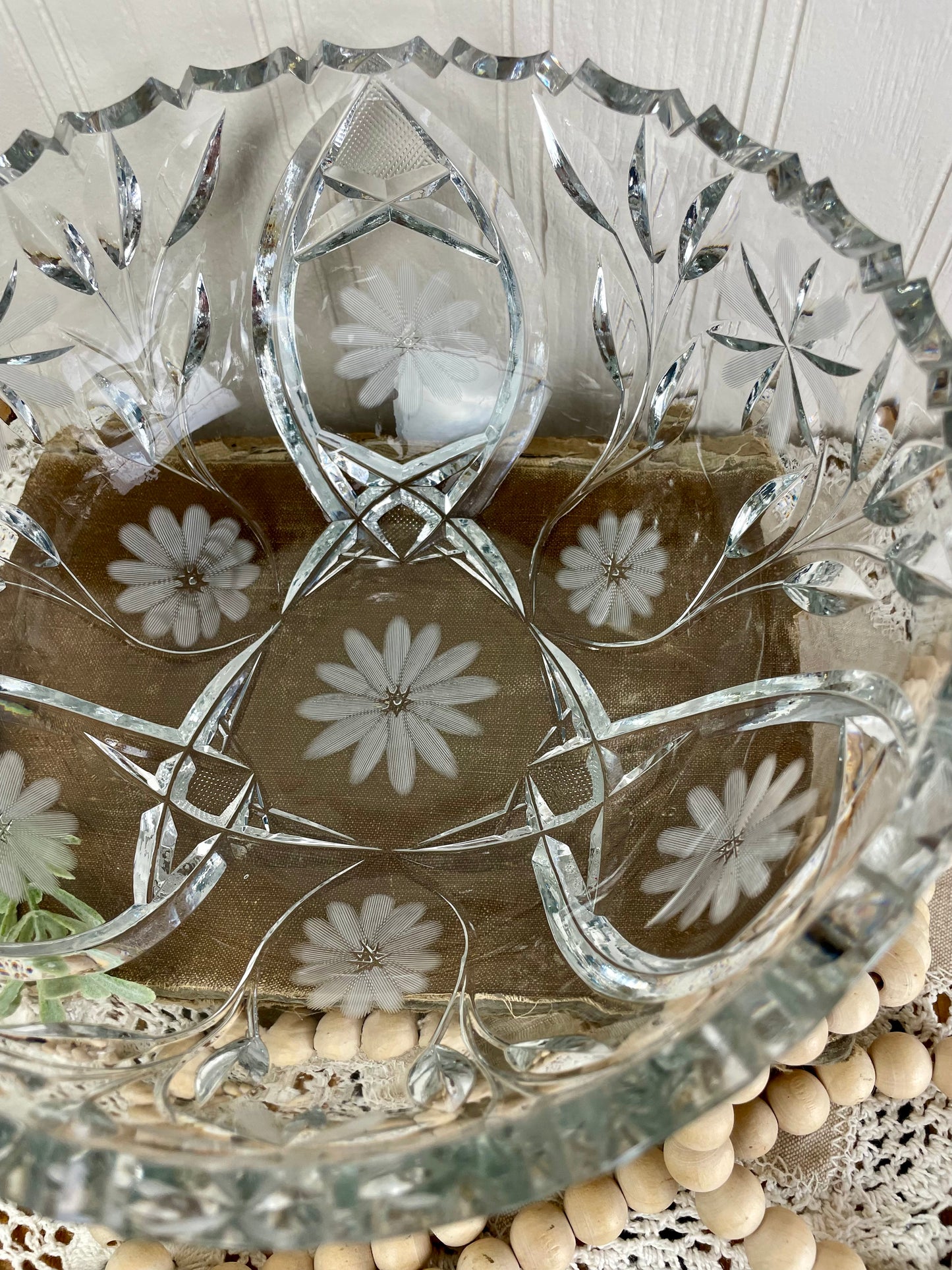 Vintage Cut Glass Serving Bowl with Etched Flowers