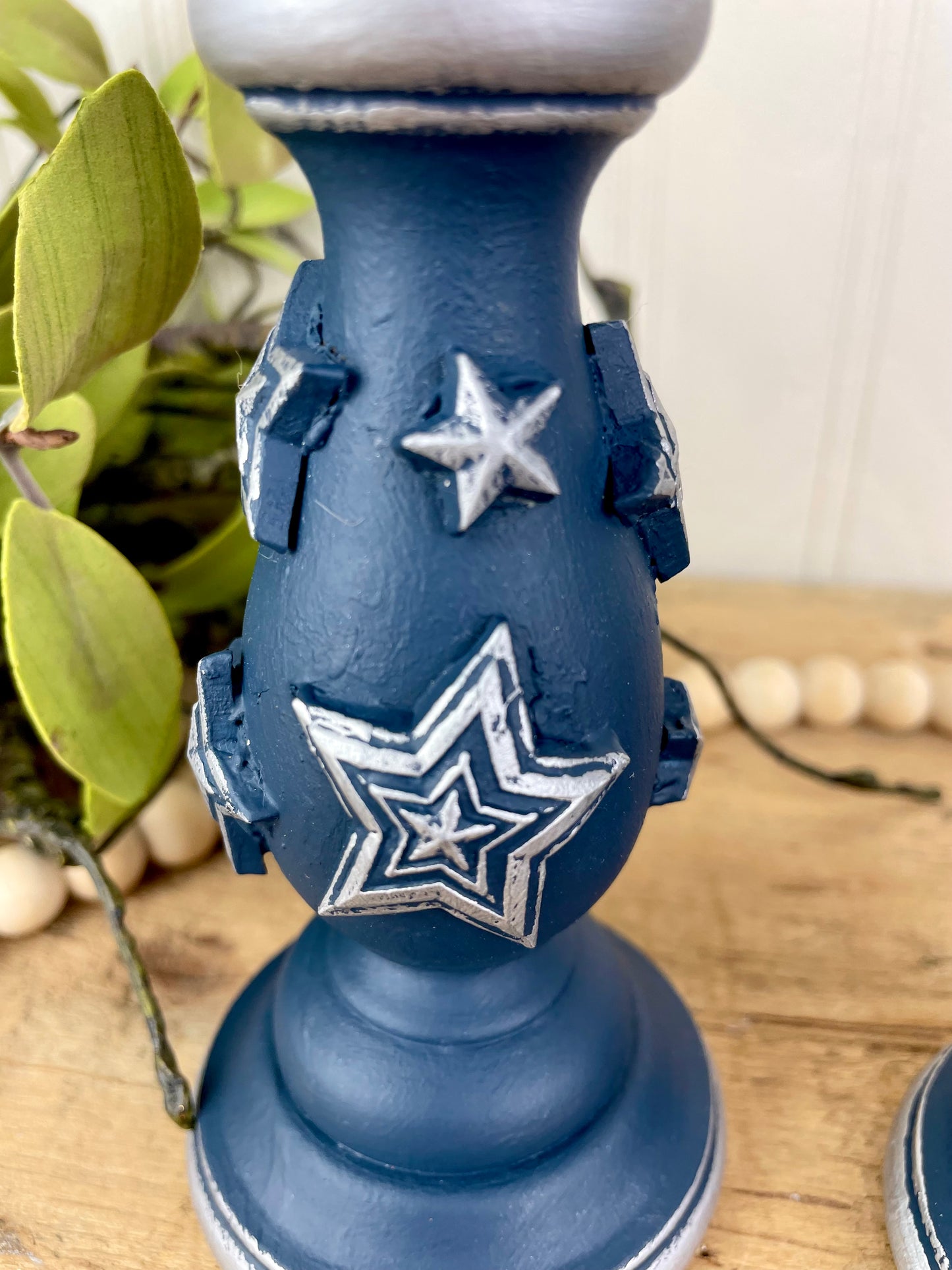 Upcycled Navy Blue Wooden Candlestick Set with Silver Stars