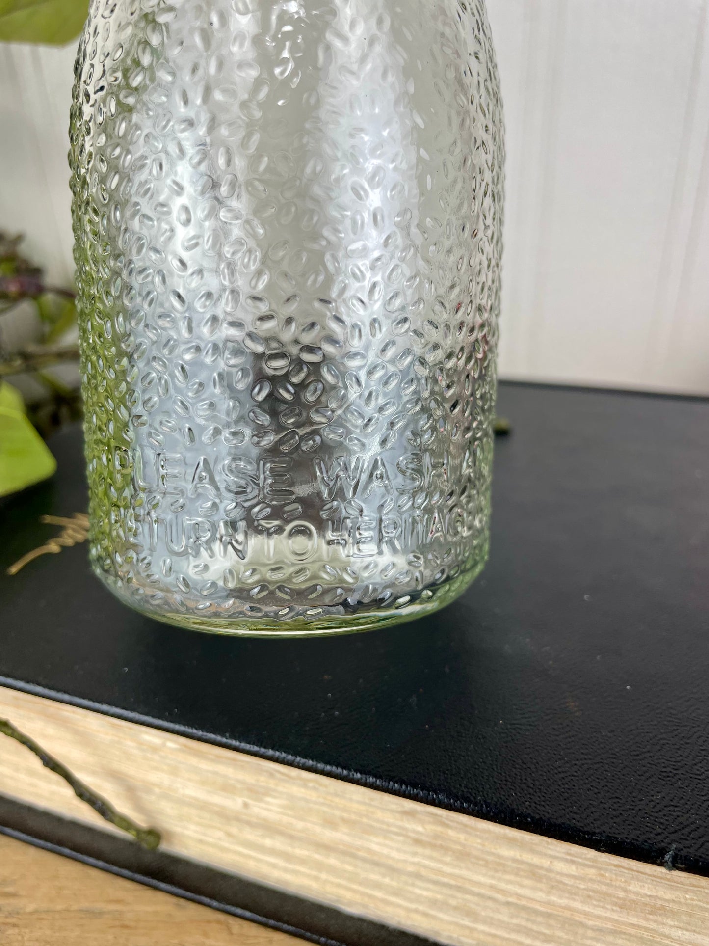 Vintage Pebbled Glass Half Pint Milk Bottle with Mini Flags